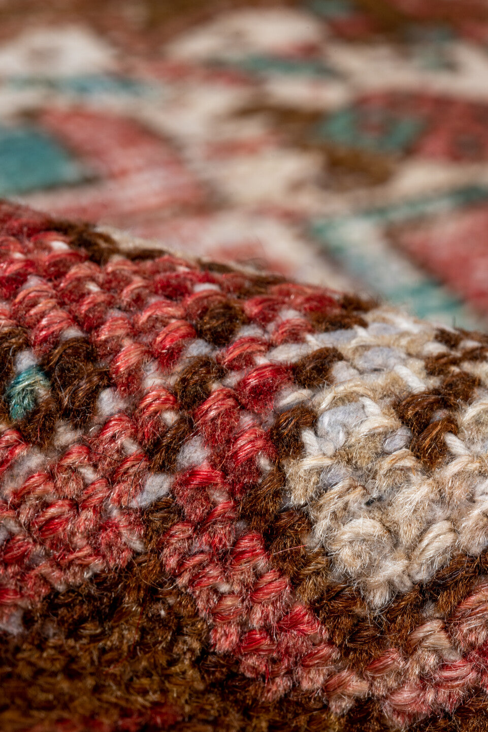 6' x 8' one-of-a-kind handmade vintage Heriz medium size rug. Color palette: blue, brown, gray, green, off-white, pink, red