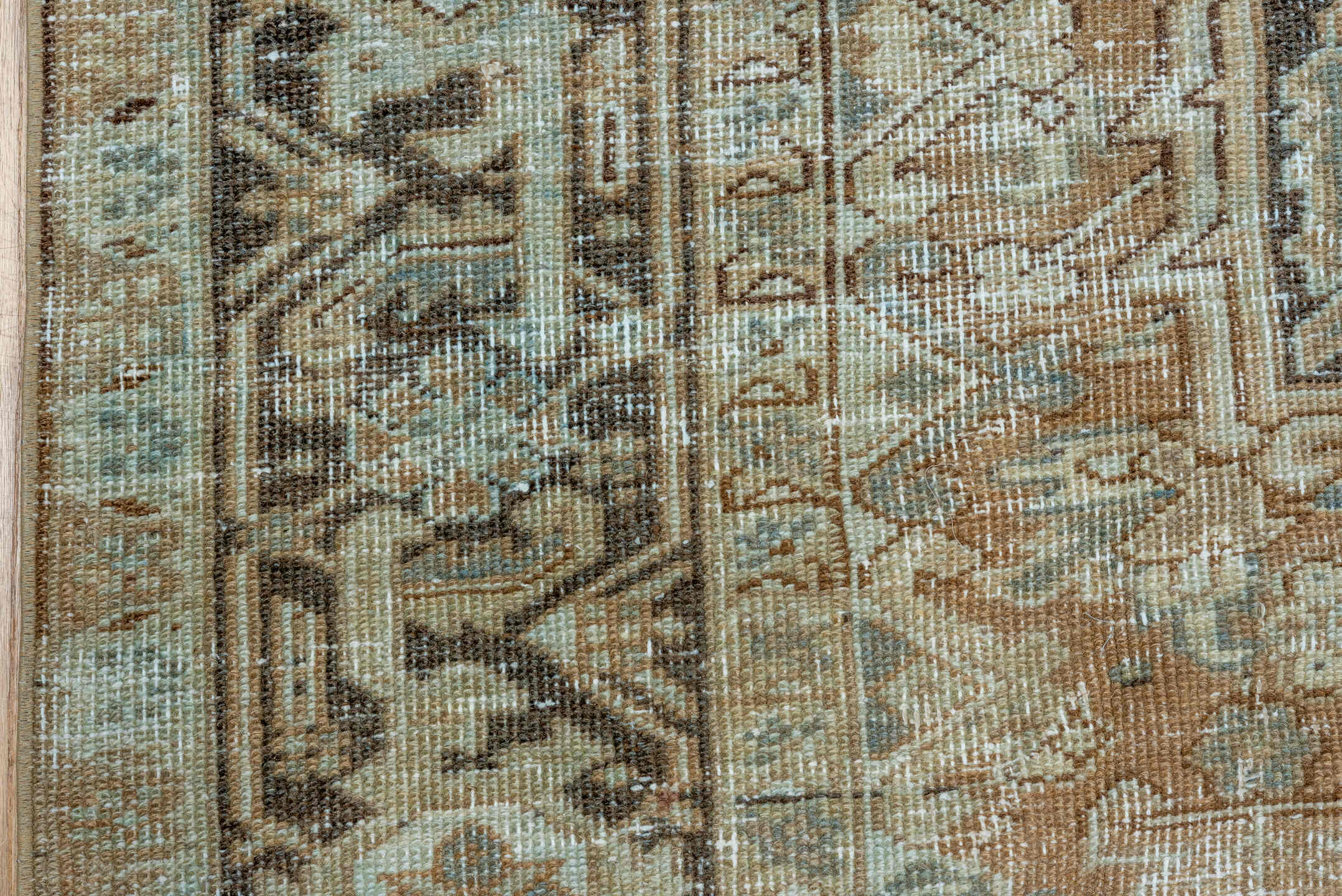 6' x 9' one-of-a-kind handmade vintage Heriz medium size rug. Color palette: camel, ivory, pale blue, taupe, charcoal, beige