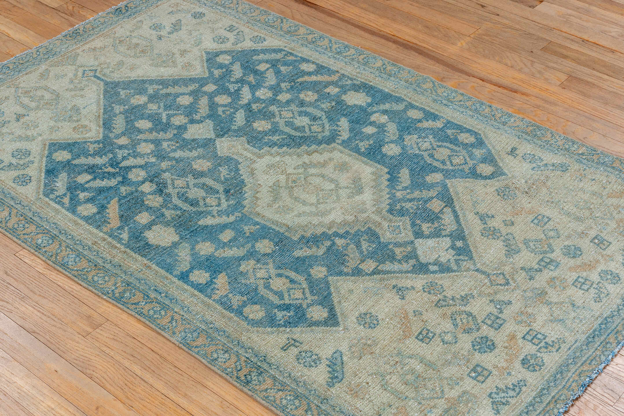 3' x 5' one-of-a-kind handmade vintage Malayer small size rug. Color palette: arapawa, blue, gray, light gray, off-white