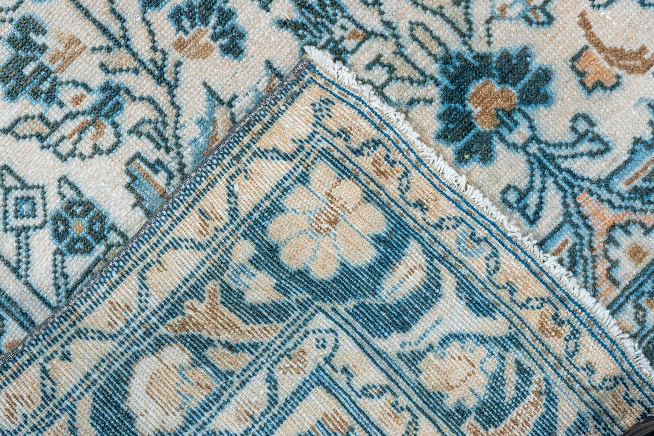 3' x 6' one-of-a-kind handmade vintage Lilian small size rug. Color palette: ivory, sky blue, teal, camel, navy, taupe
