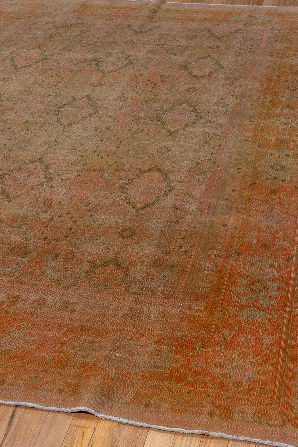 7' x 10' one-of-a-kind handmade vintage Khorassan large size rug. Color palette: taupe, terra cotta, sage, blush, camel