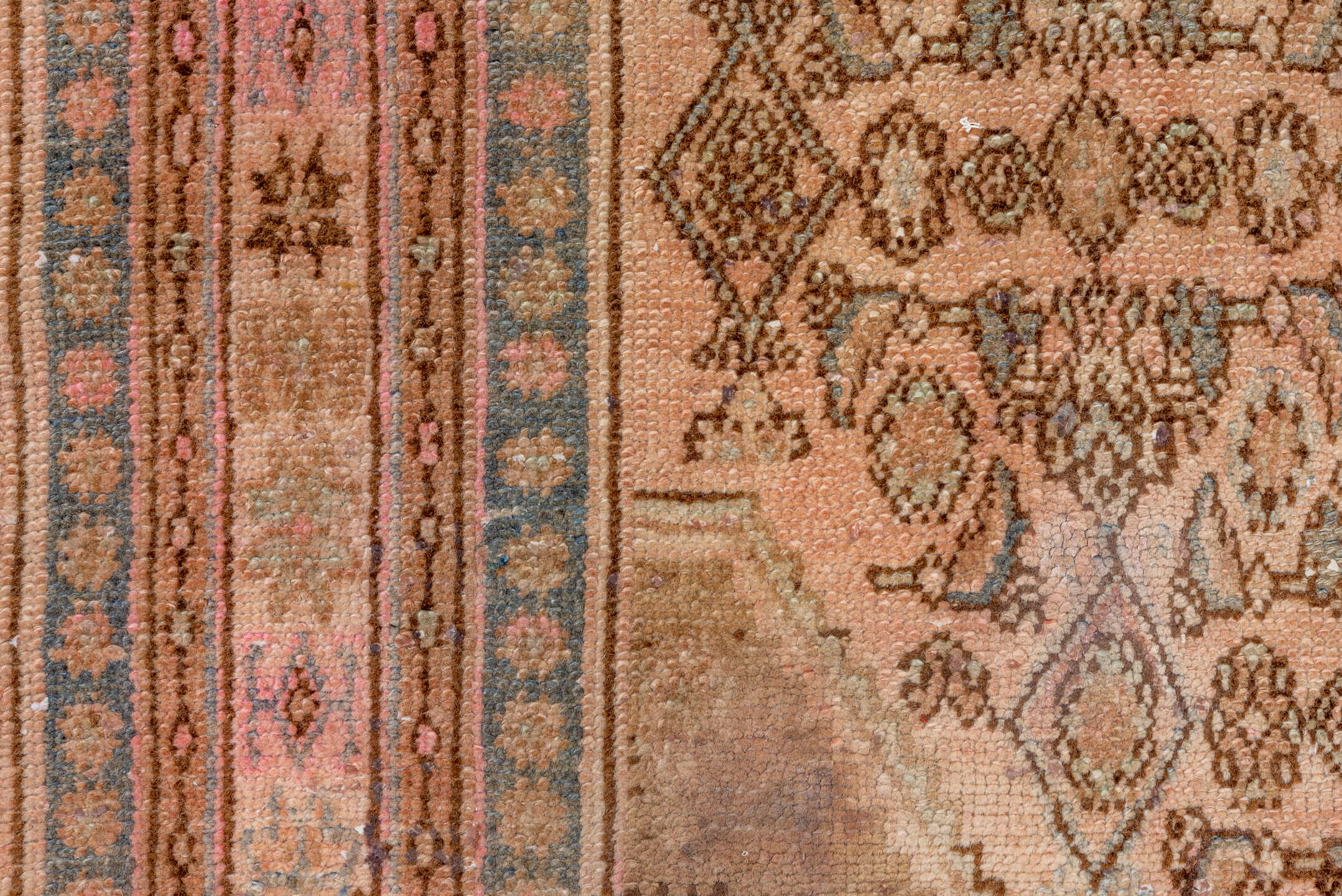 7' x 10' one-of-a-kind handmade vintage Hamadan large size rug. Color palette: brown, gray, off-white, orange, pink, tan