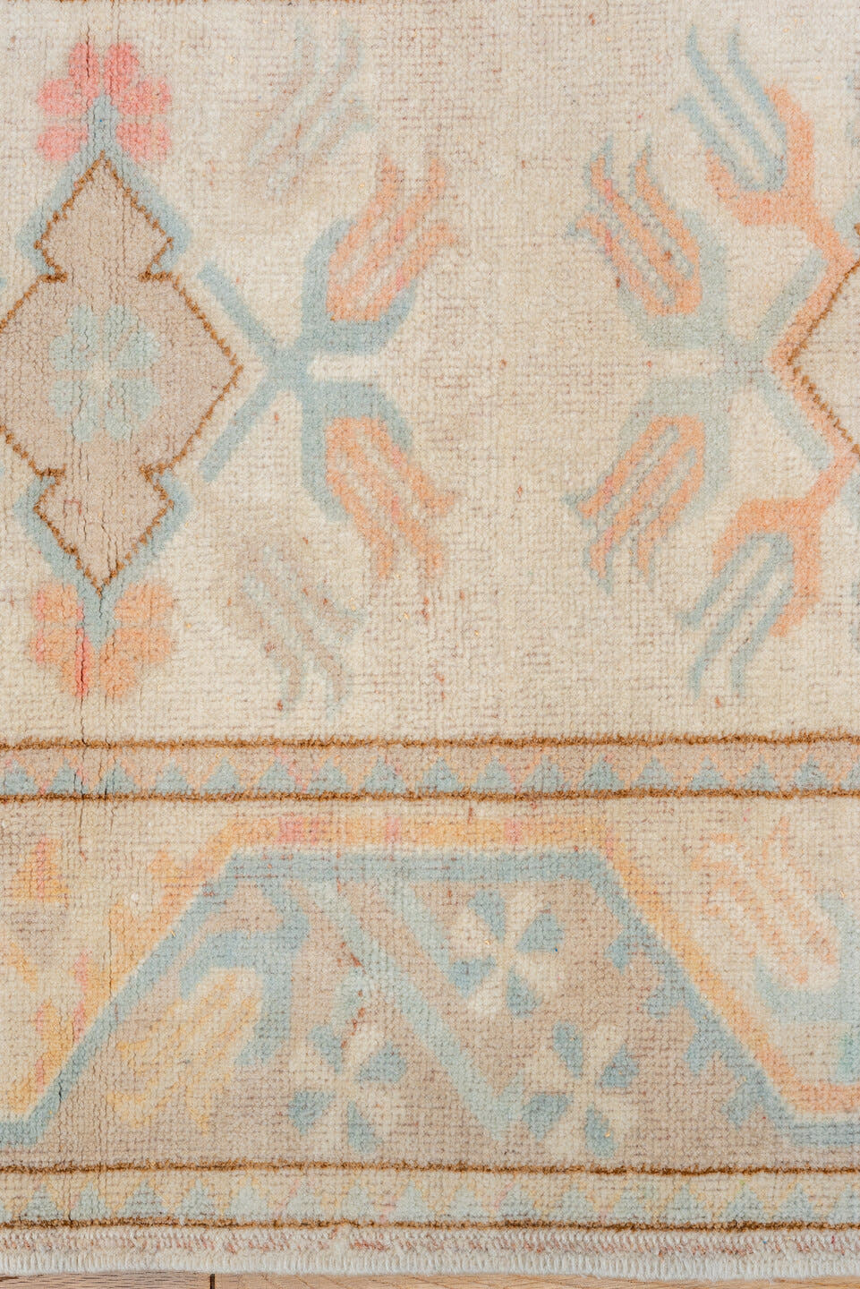 2' x 9' one-of-a-kind handmade vintage Oushak runner rug. Color palette: ivory, pale blue, blush, taupe, cream, peach