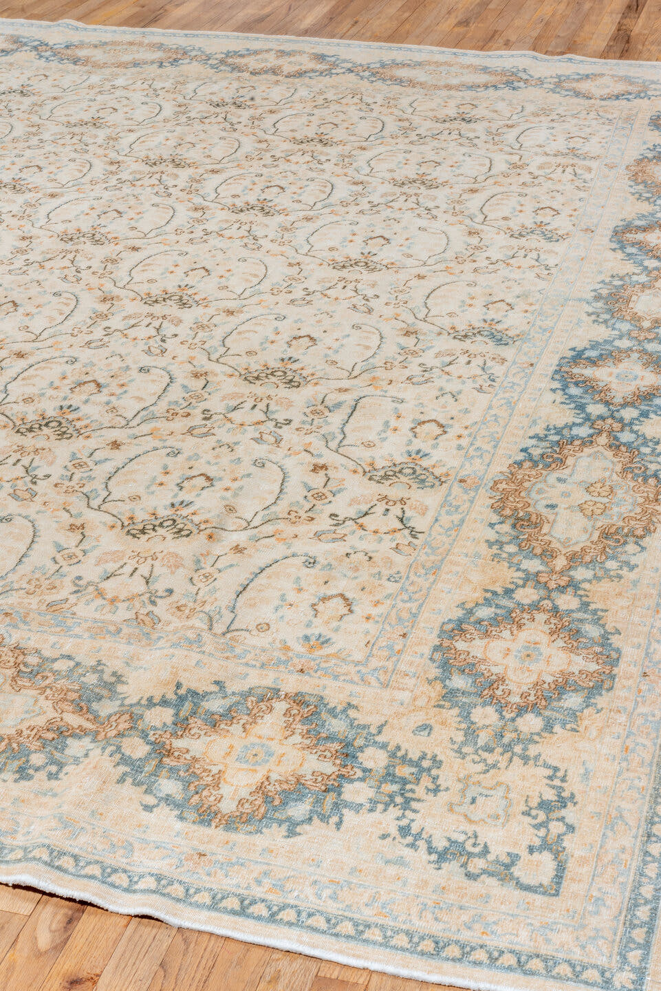 10' x 12' one-of-a-kind handmade vintage Kerman large size rug. Color palette: ivory, powder blue, camel, taupe, beige