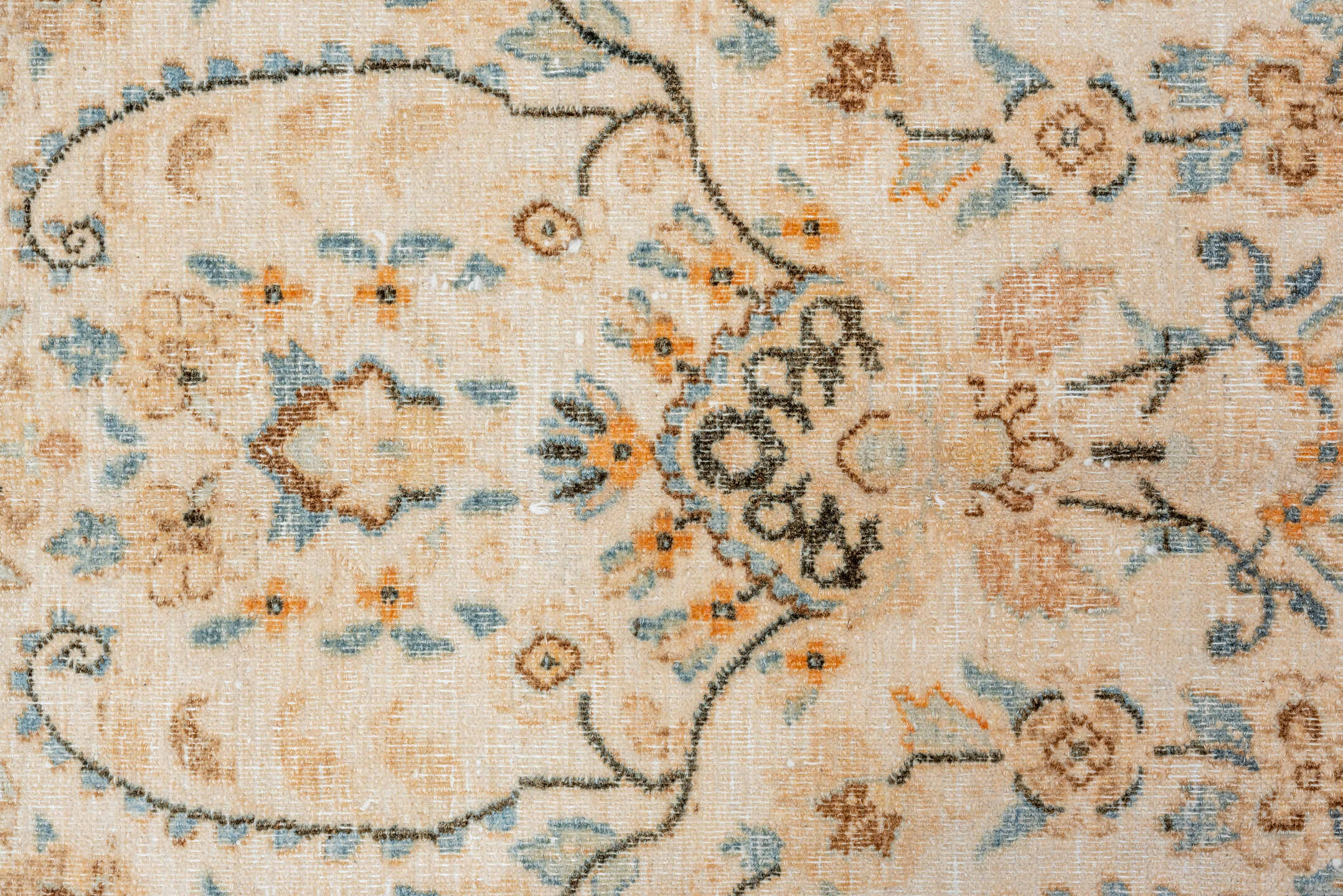 10' x 12' one-of-a-kind handmade vintage Kerman large size rug. Color palette: ivory, powder blue, camel, taupe, beige