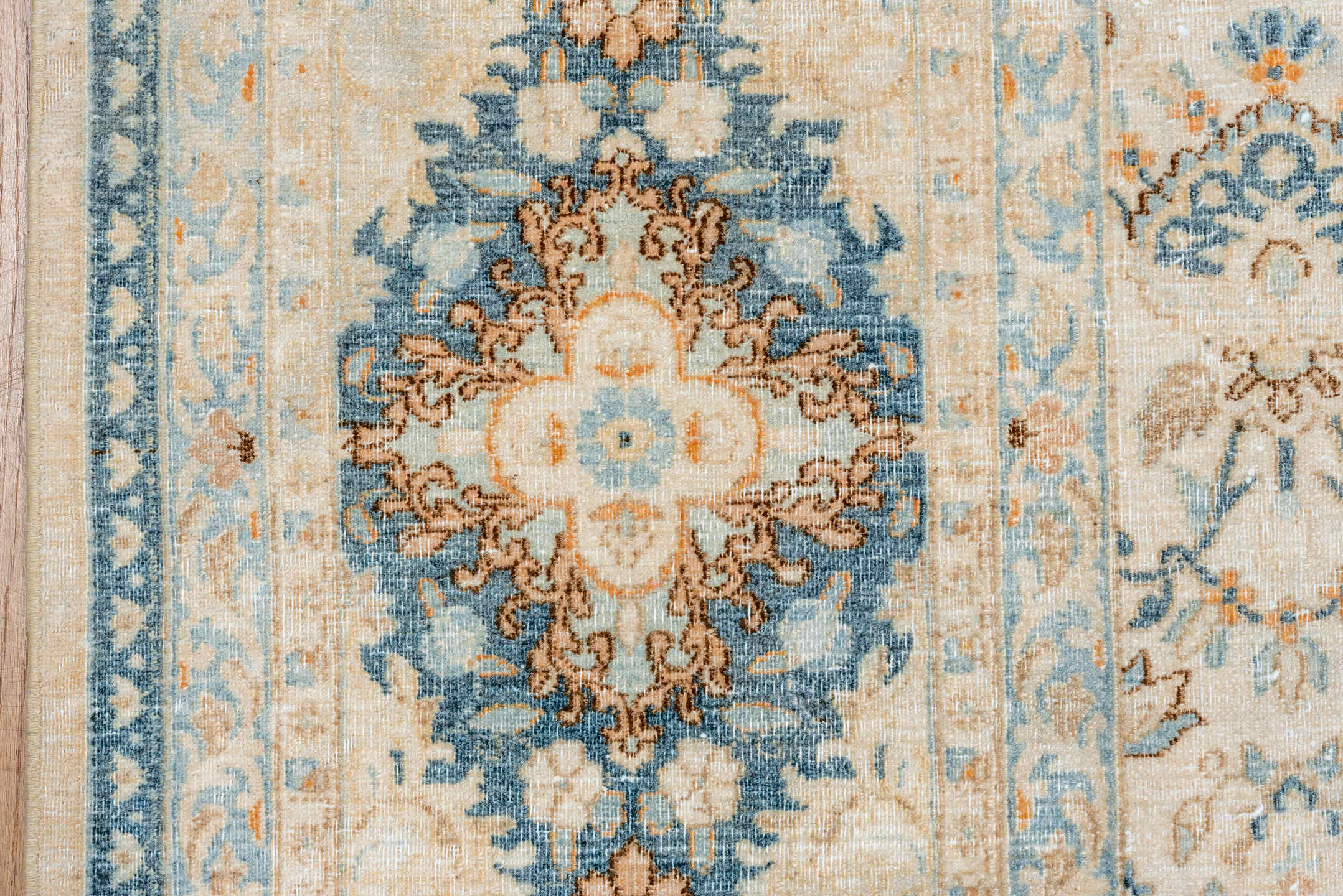 10' x 12' one-of-a-kind handmade vintage Kerman large size rug. Color palette: ivory, powder blue, camel, taupe, beige