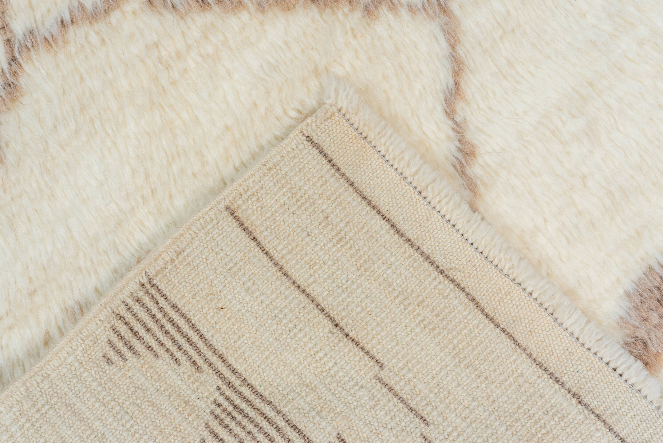 2' x 12' one-of-a-kind handmade vintage Moroccan runner rug. Color palette: ivory, taupe, cream, camel, beige, gray