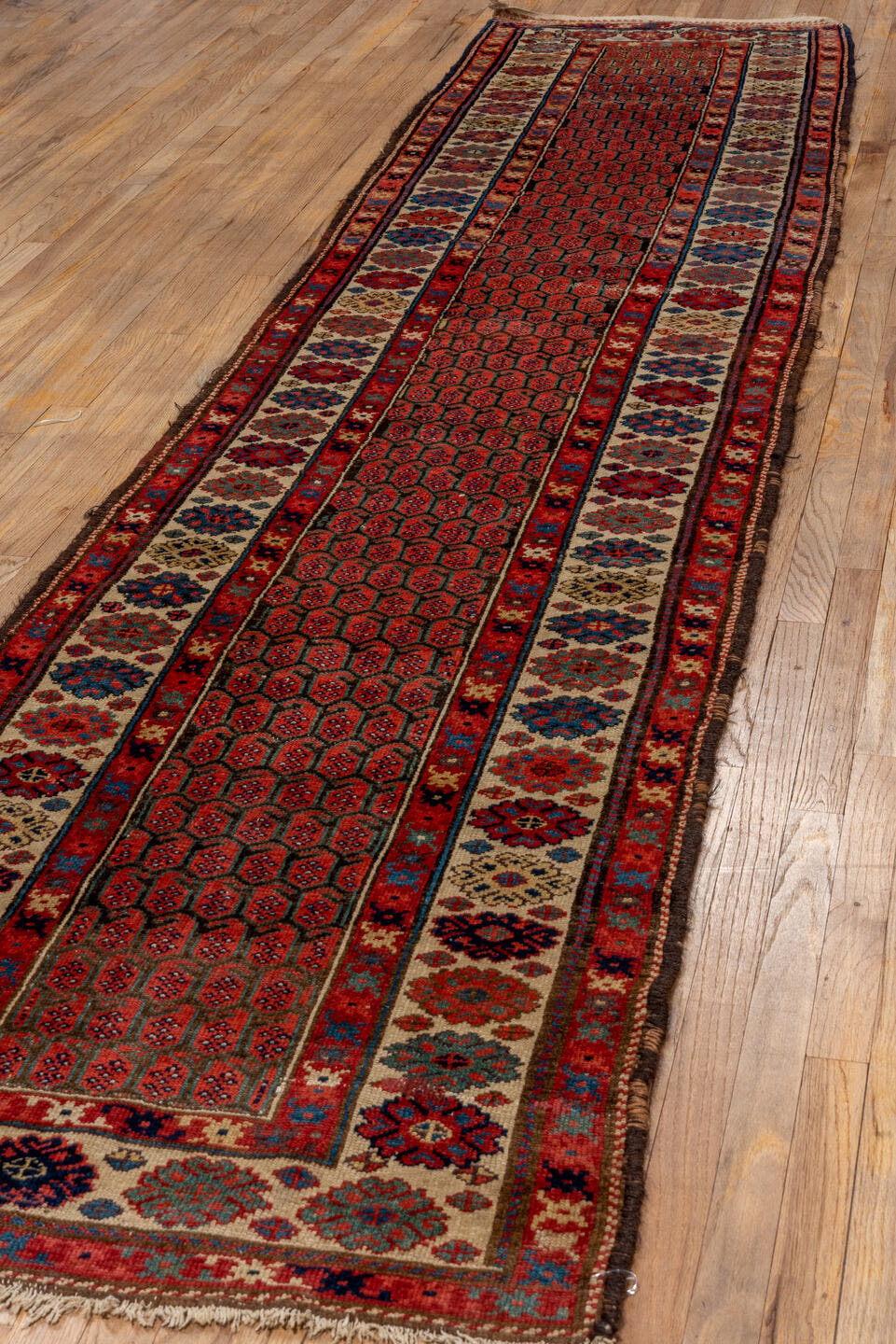 2' x 13' one-of-a-kind handmade vintage Malayer runner rug. Color palette: rust, ivory, navy, crimson, camel, charcoal