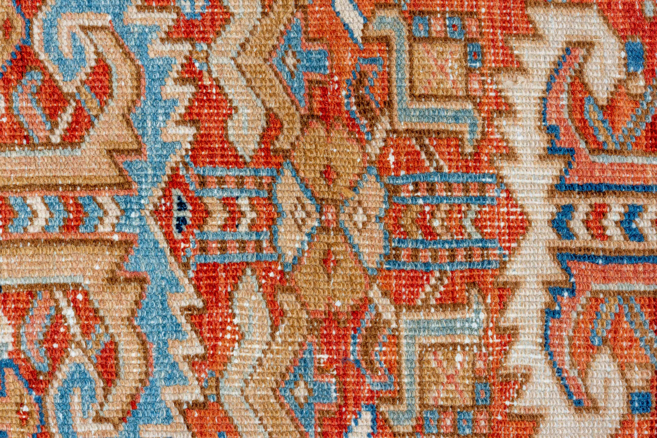 7' x 10' one-of-a-kind handmade vintage Heriz large size rug. Color palette: terra cotta, navy, ivory, sky blue, camel, rust