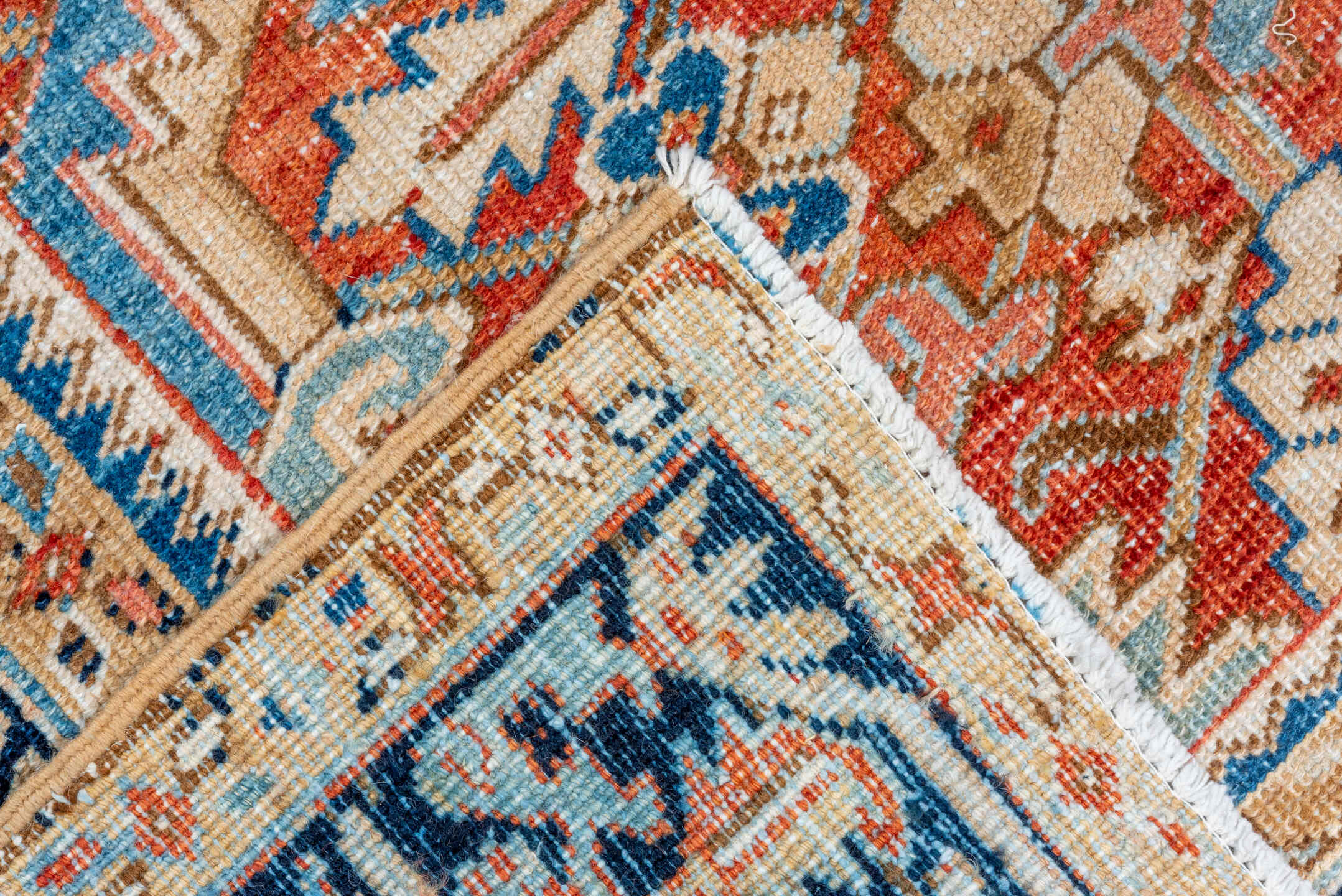 7' x 10' one-of-a-kind handmade vintage Heriz large size rug. Color palette: terra cotta, navy, ivory, sky blue, camel, rust