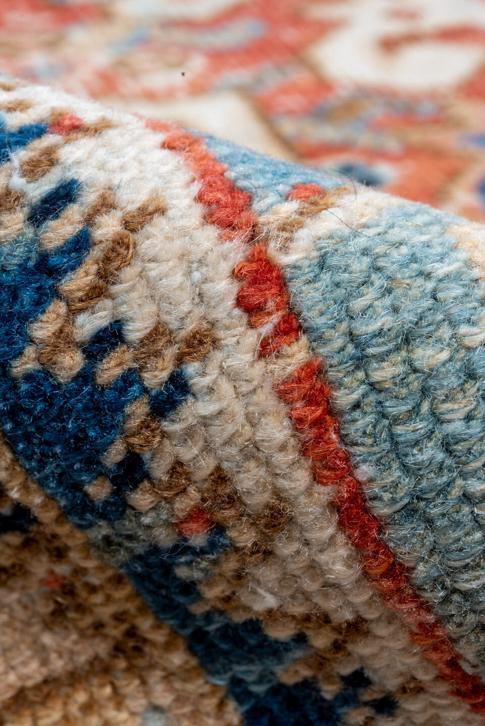 7' x 10' one-of-a-kind handmade vintage Heriz large size rug. Color palette: terra cotta, navy, ivory, sky blue, camel, rust