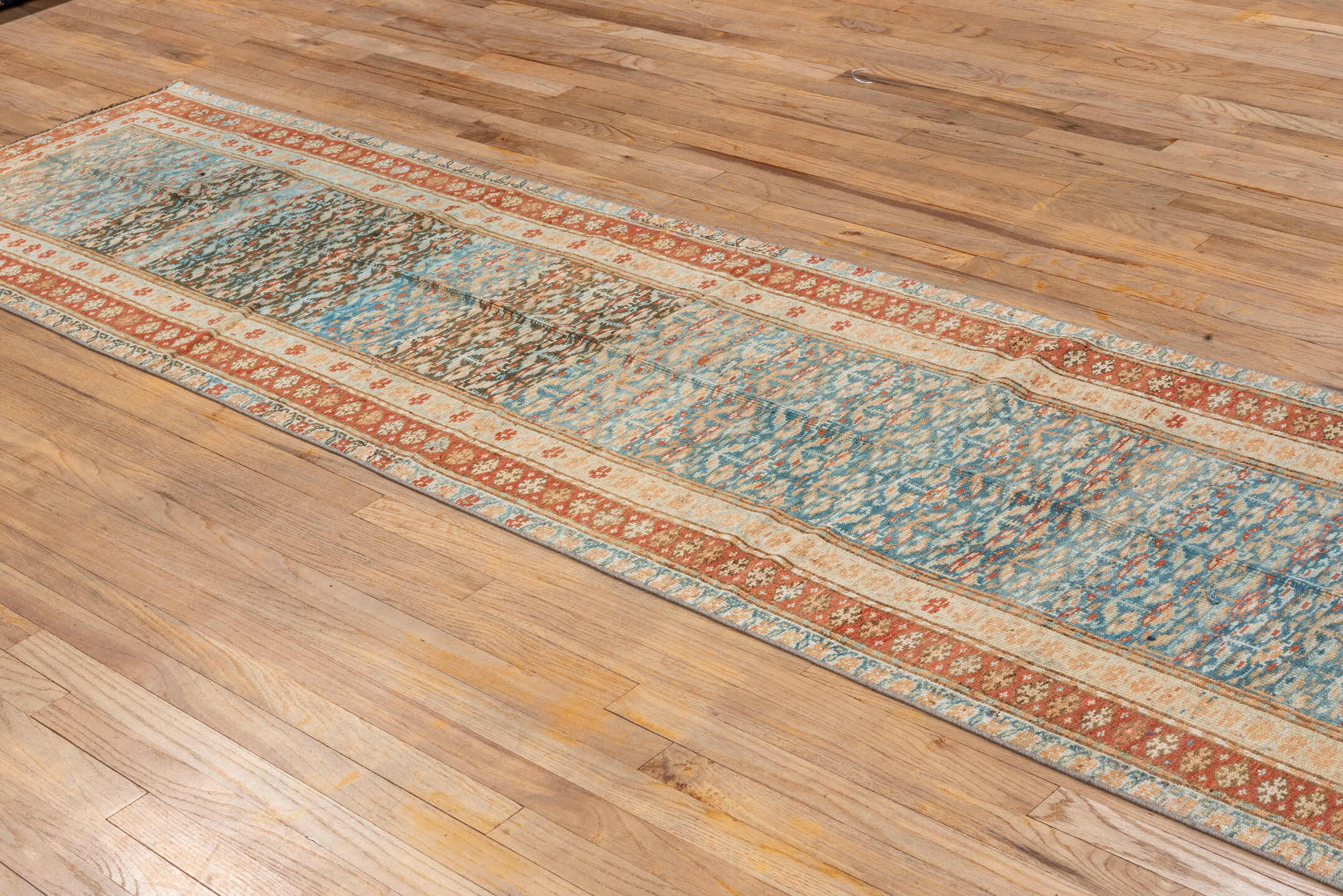 2' x 14' one-of-a-kind handmade vintage Malayer runner rug. Color palette: sky blue, ivory, rust, camel, brown, teal