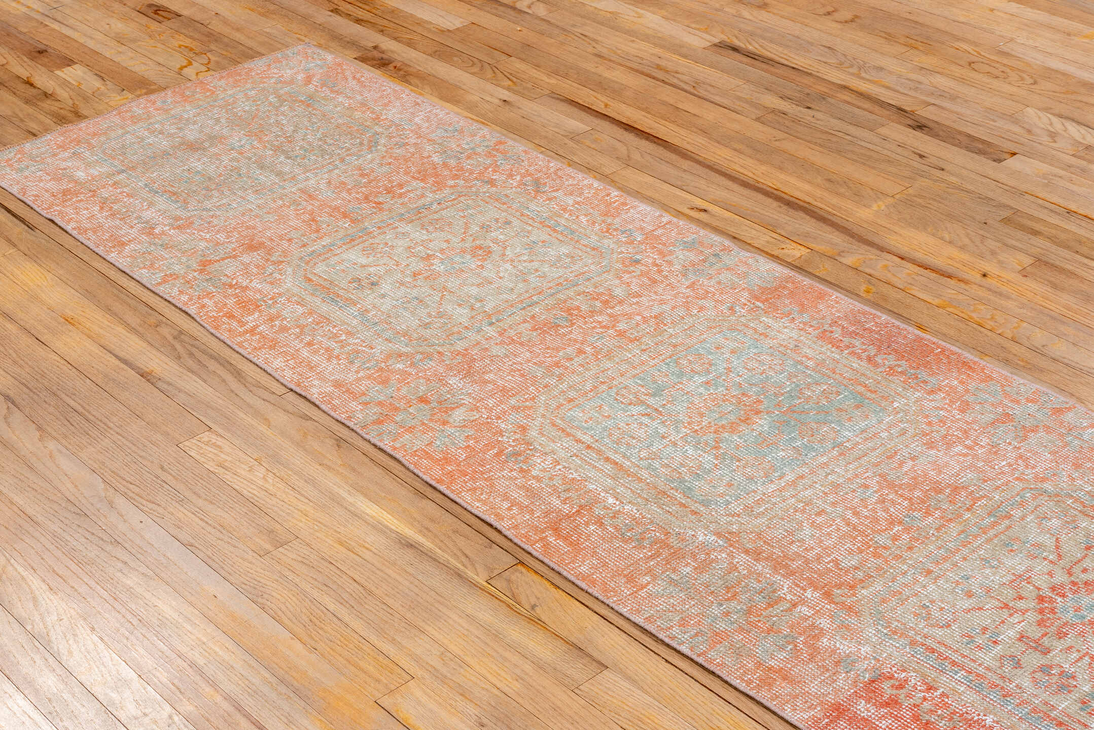 2' x 7' one-of-a-kind handmade vintage Oushak runner rug. Color palette: coral, ivory, pale aqua, peach, beige, sage