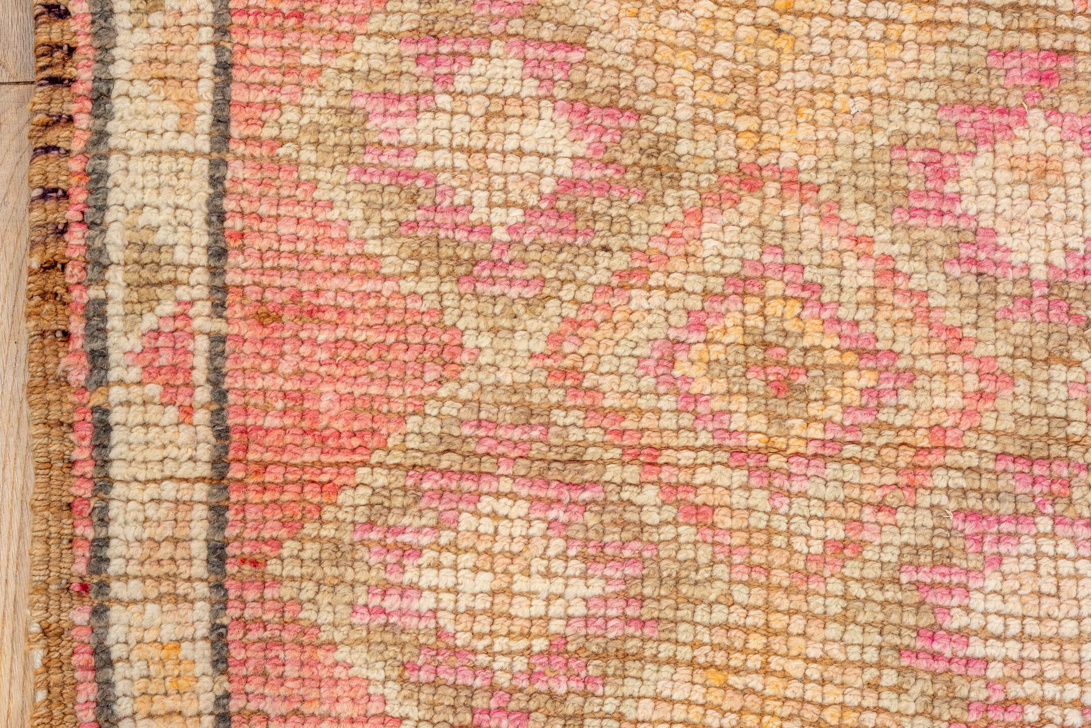 2' x 10' one-of-a-kind handmade vintage Oushak runner rug. Color palette: coral, ivory, blush, camel, charcoal, taupe, rose