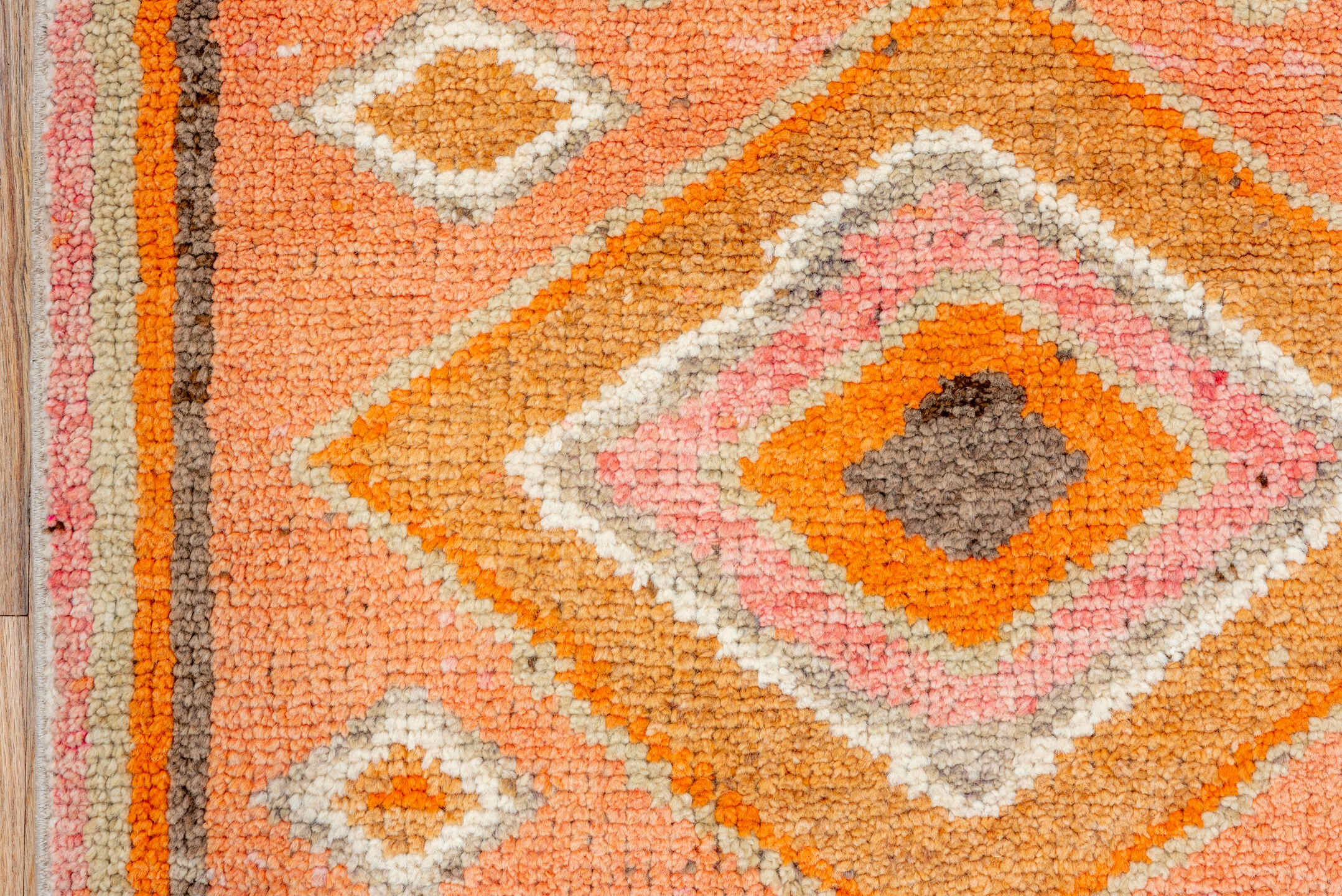 2' x 10' one-of-a-kind handmade vintage Oushak runner rug. Color palette: brown, light gray, off-white, orange, pink, red