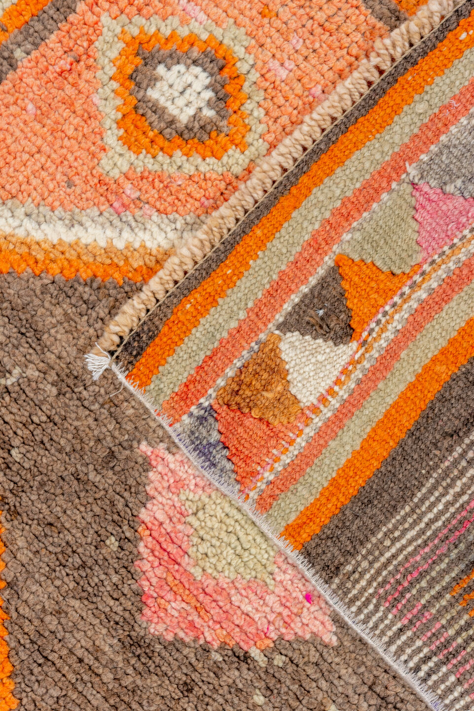 2' x 10' one-of-a-kind handmade vintage Oushak runner rug. Color palette: brown, light gray, off-white, orange, pink, red