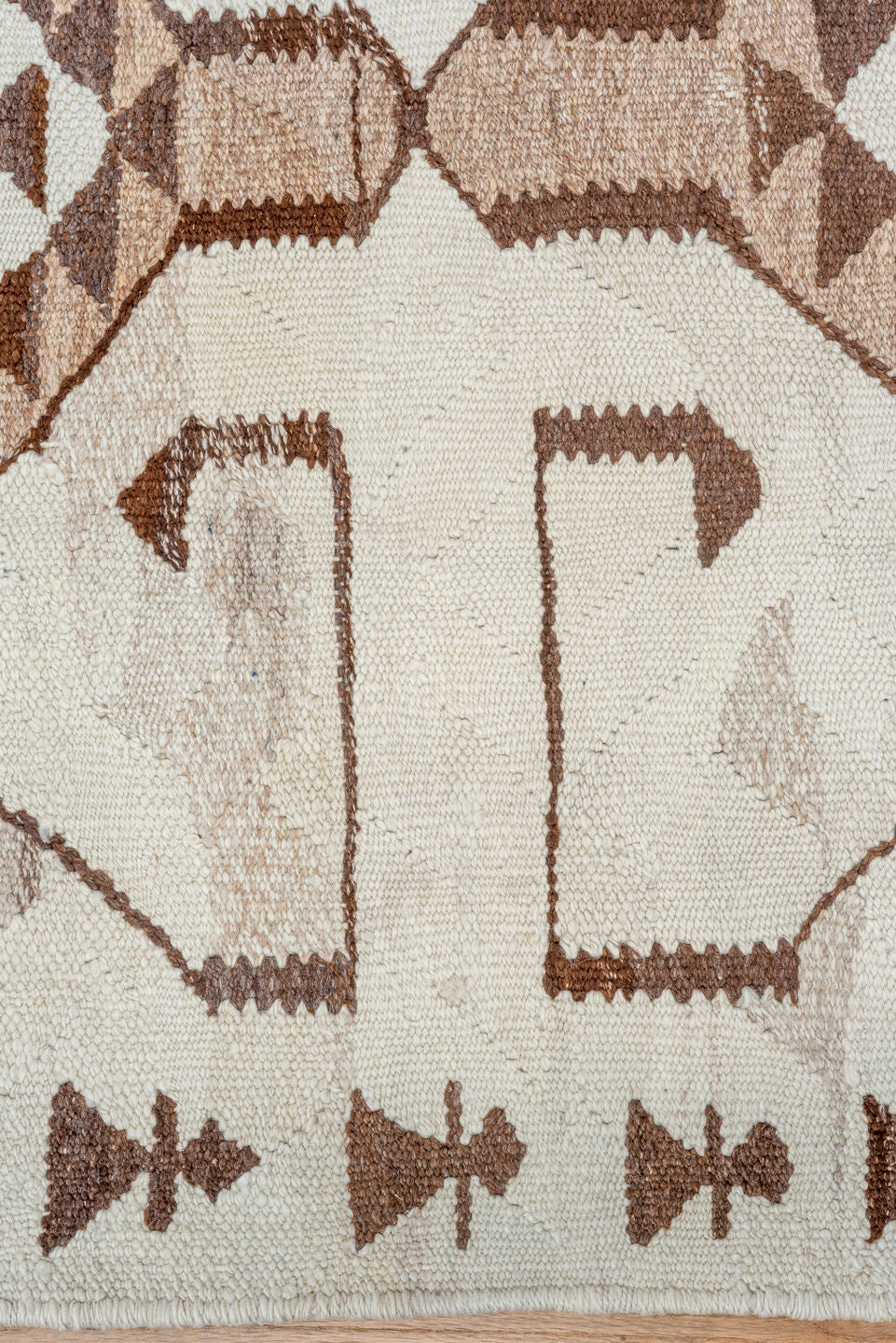 3' x 10' one-of-a-kind handmade vintage Kilim runner rug. Color palette: ivory, brown, taupe, camel, beige, gray