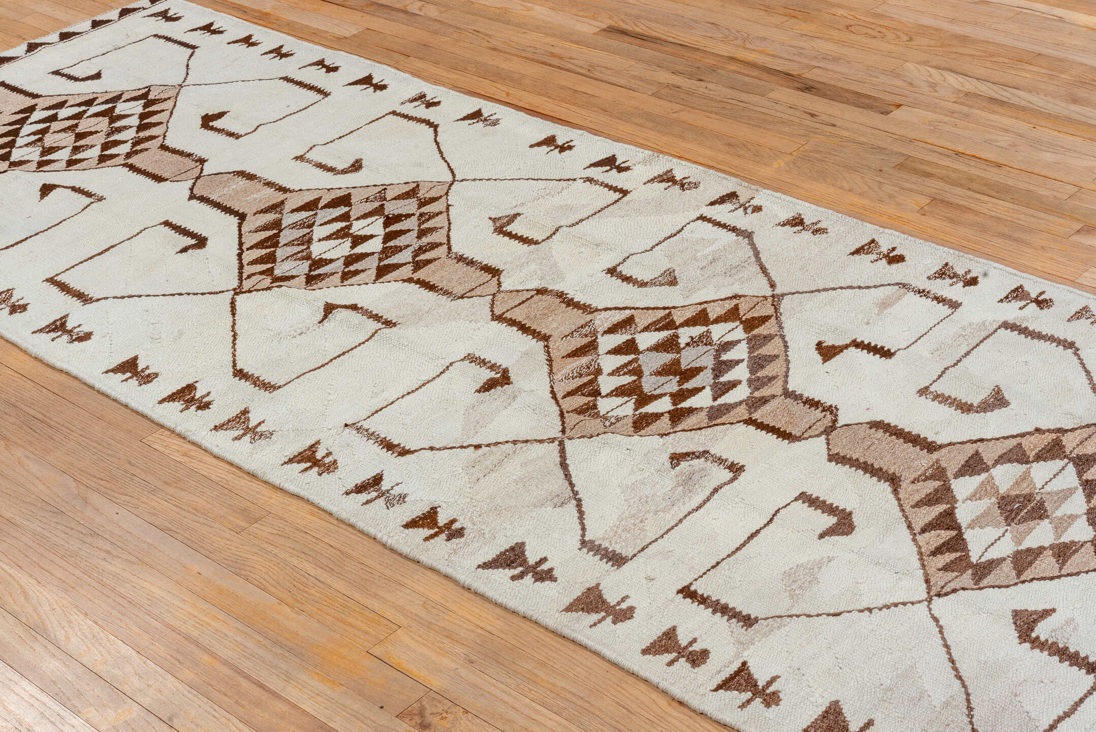 3' x 10' one-of-a-kind handmade vintage Kilim runner rug. Color palette: ivory, brown, taupe, camel, beige, gray