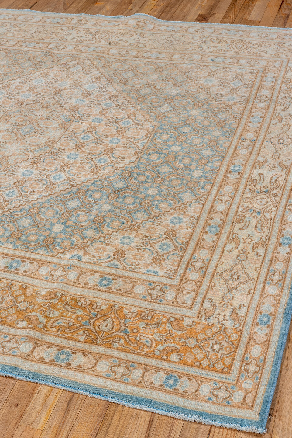 6' x 6' one-of-a-kind handmade vintage Meshed rug. Color palette: ivory, sky blue, sand, camel, taupe, light brown
