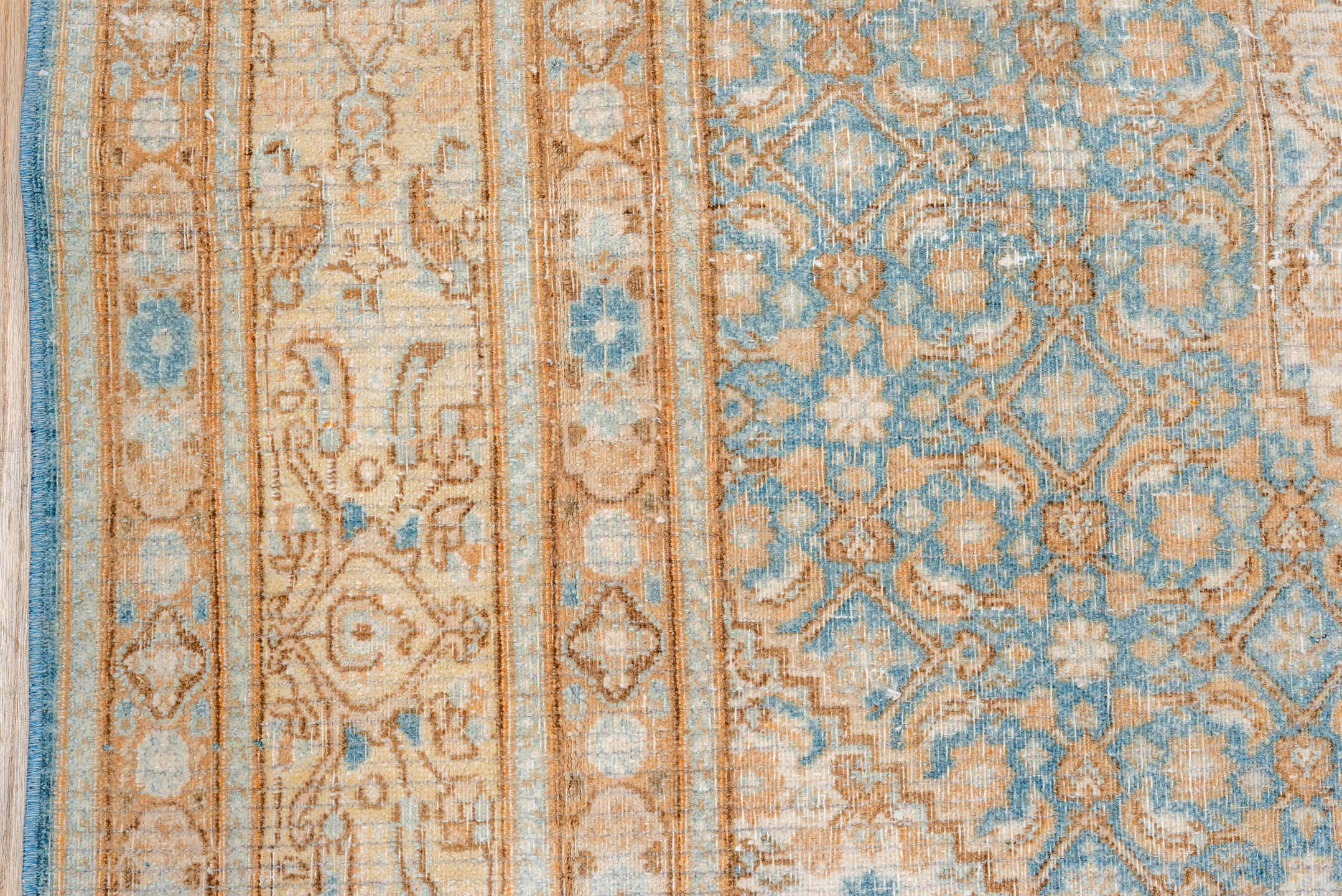 6' x 6' one-of-a-kind handmade vintage Meshed rug. Color palette: ivory, sky blue, sand, camel, taupe, light brown