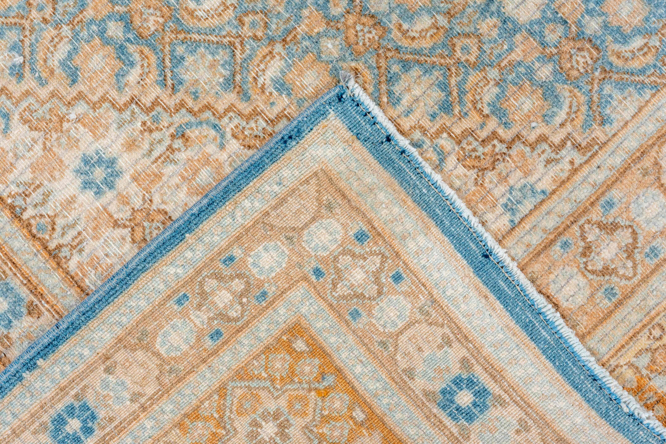 6' x 6' one-of-a-kind handmade vintage Meshed rug. Color palette: ivory, sky blue, sand, camel, taupe, light brown