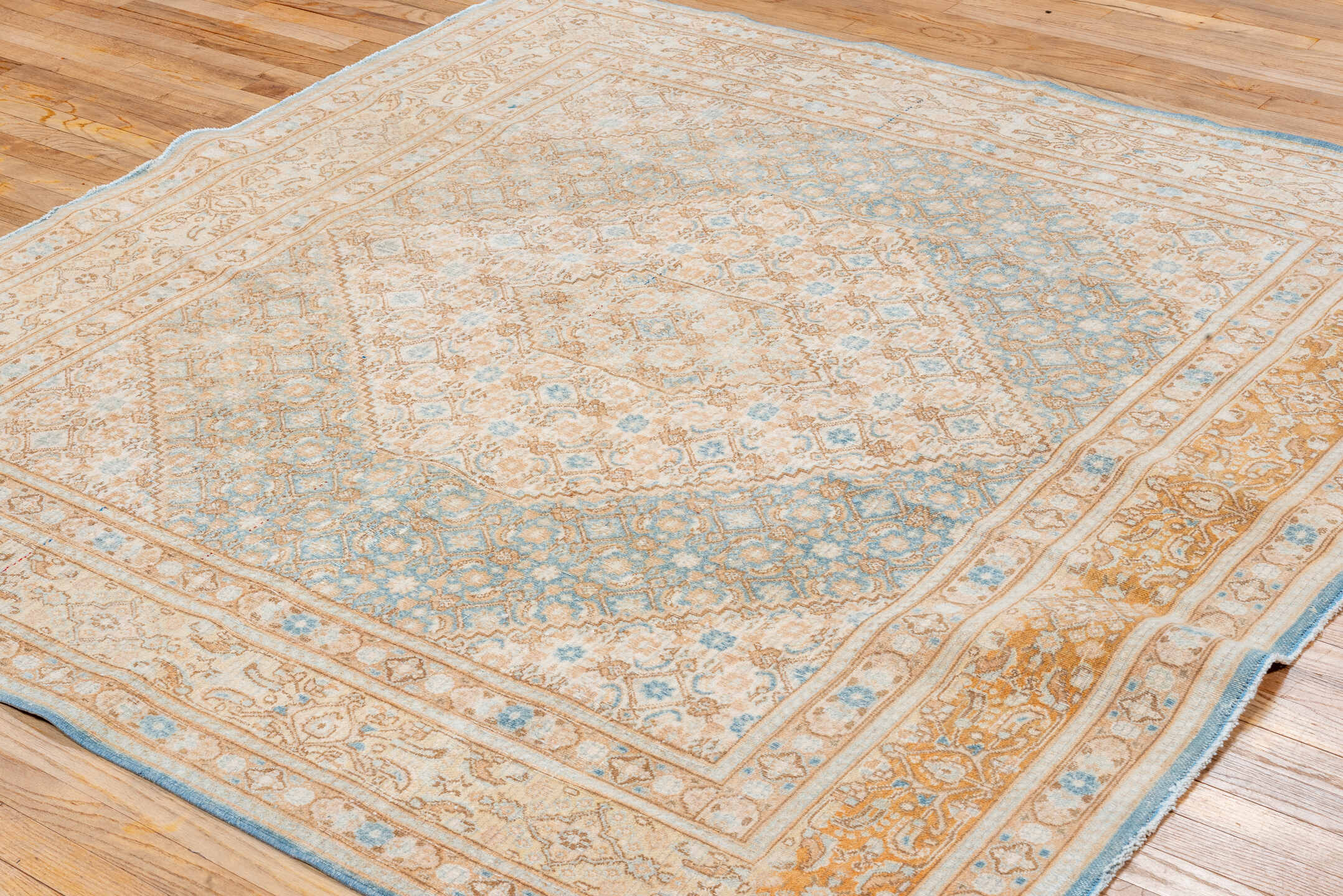 6' x 6' one-of-a-kind handmade vintage Meshed rug. Color palette: ivory, sky blue, sand, camel, taupe, light brown