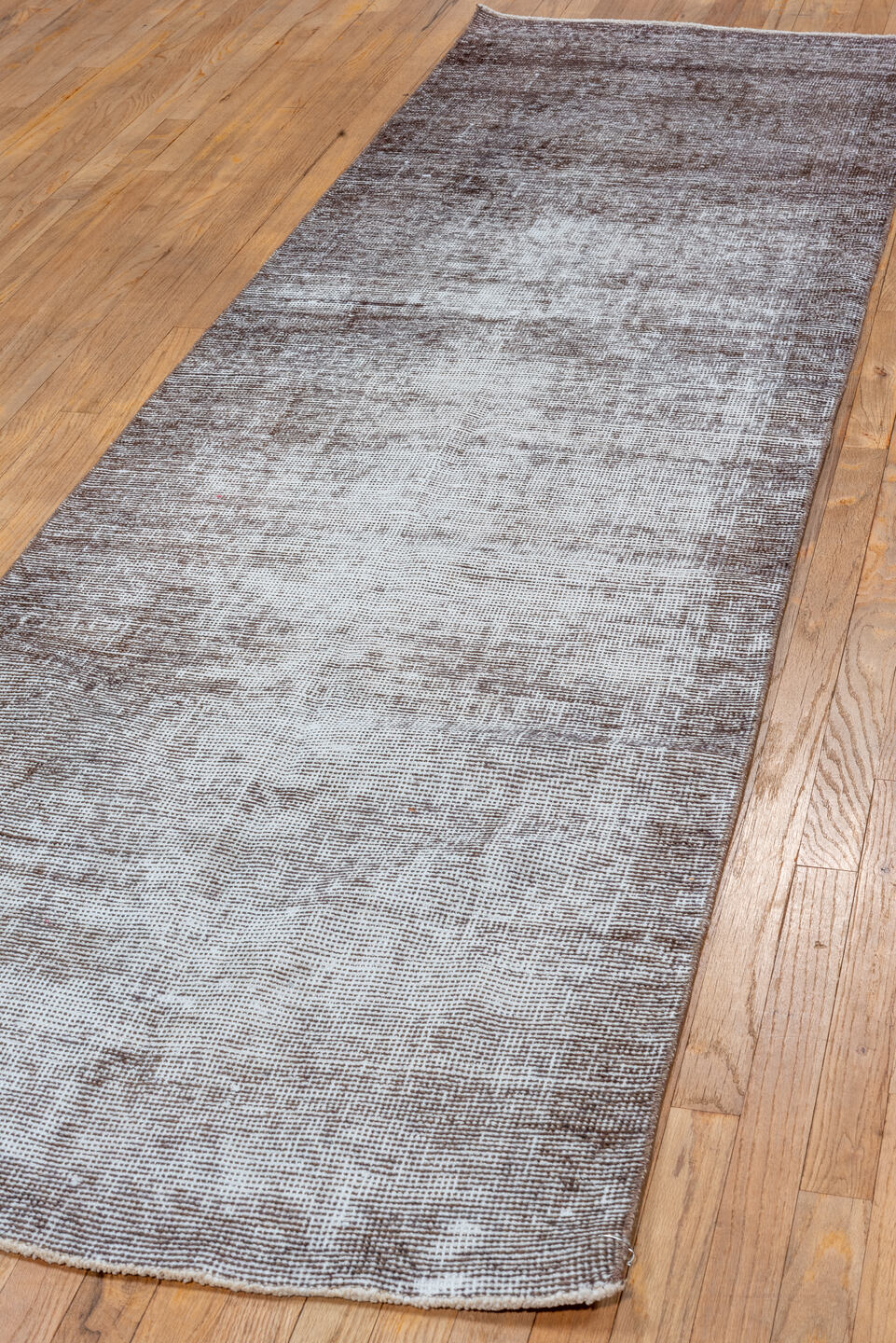3' x 10' one-of-a-kind handmade vintage Overdyed runner rug. Color palette: taupe, ivory, brown, beige, gray