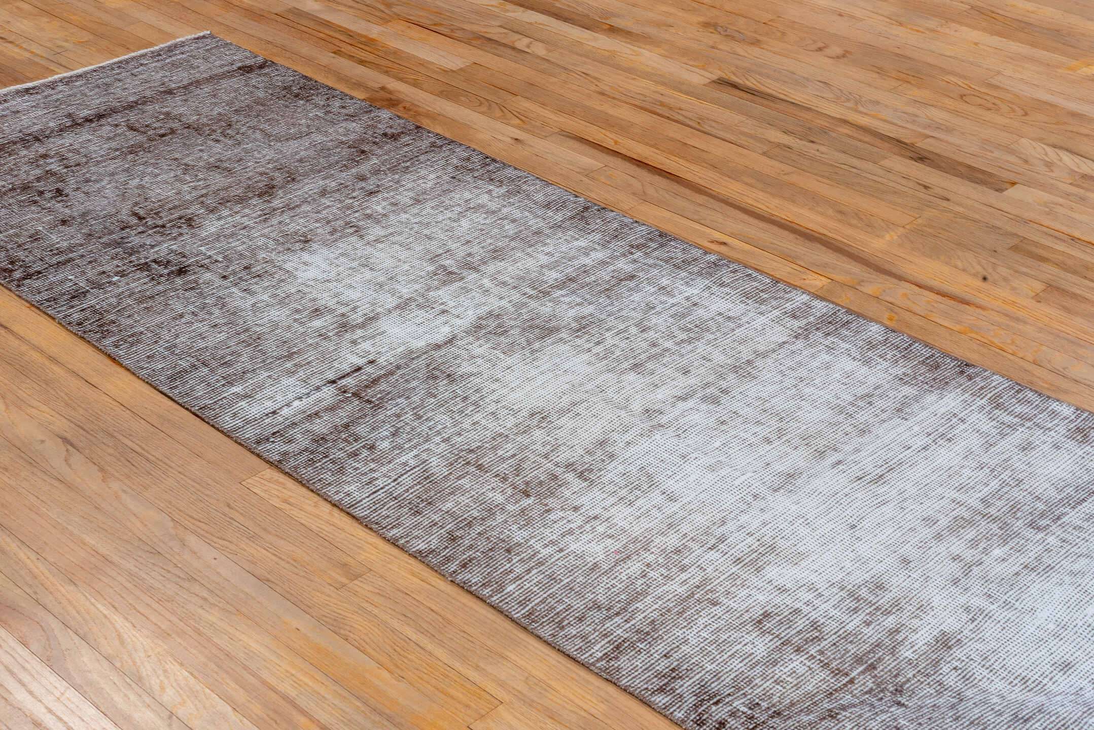 3' x 10' one-of-a-kind handmade vintage Overdyed runner rug. Color palette: taupe, ivory, brown, beige, gray