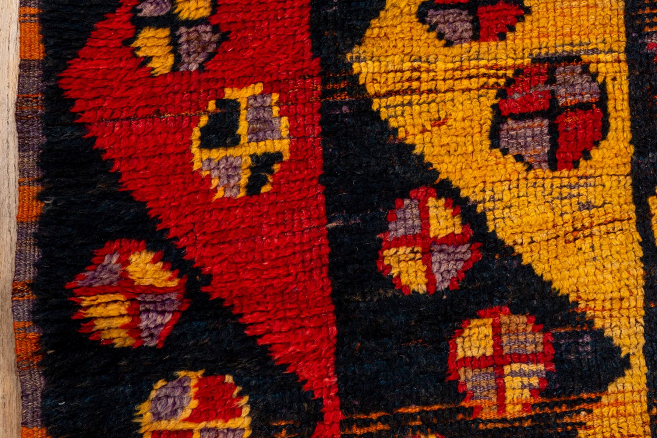 3' x 6' one-of-a-kind handmade vintage Tulu small size rug. Color palette: gold, black, crimson, rust, taupe, plum, red
