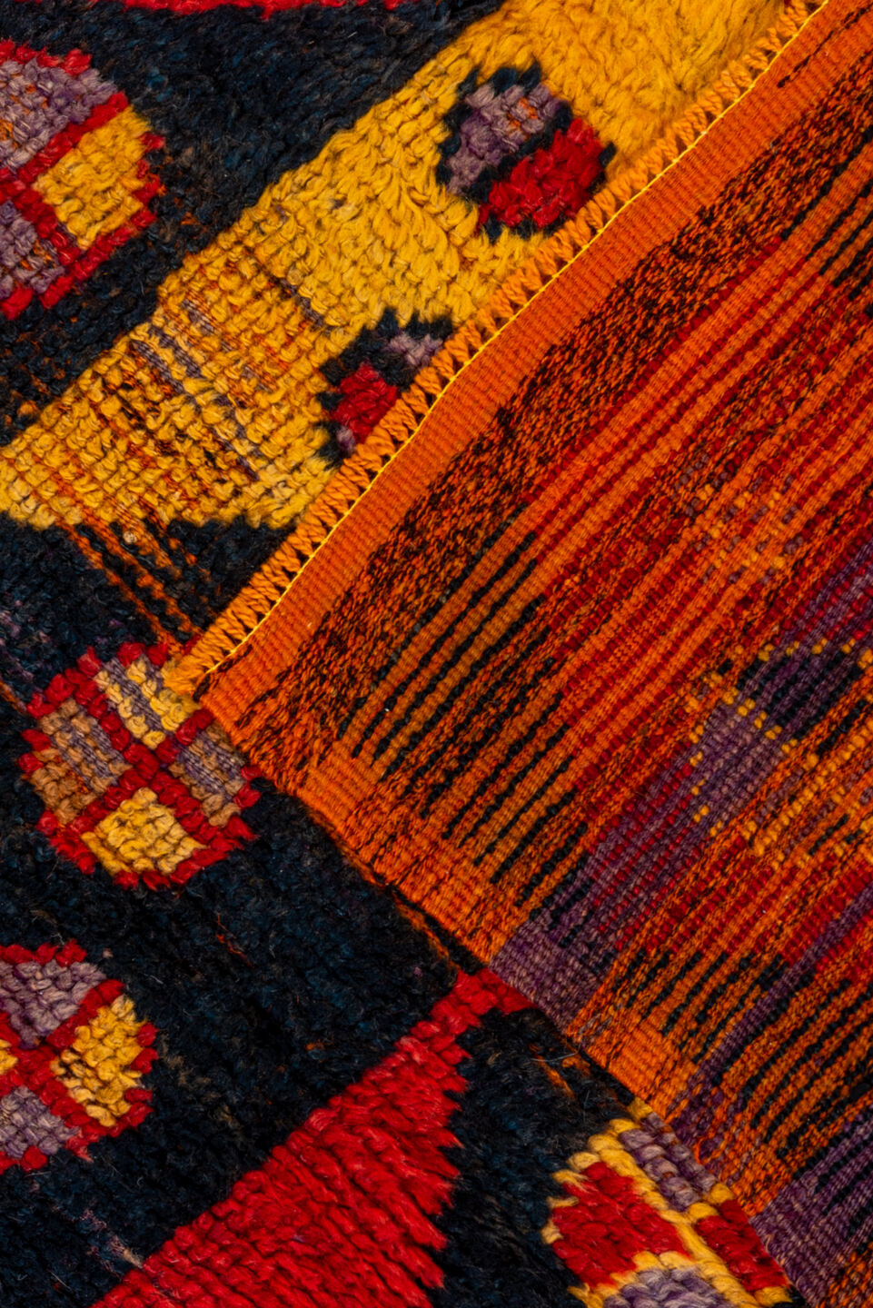 3' x 6' one-of-a-kind handmade vintage Tulu small size rug. Color palette: gold, black, crimson, rust, taupe, plum, red