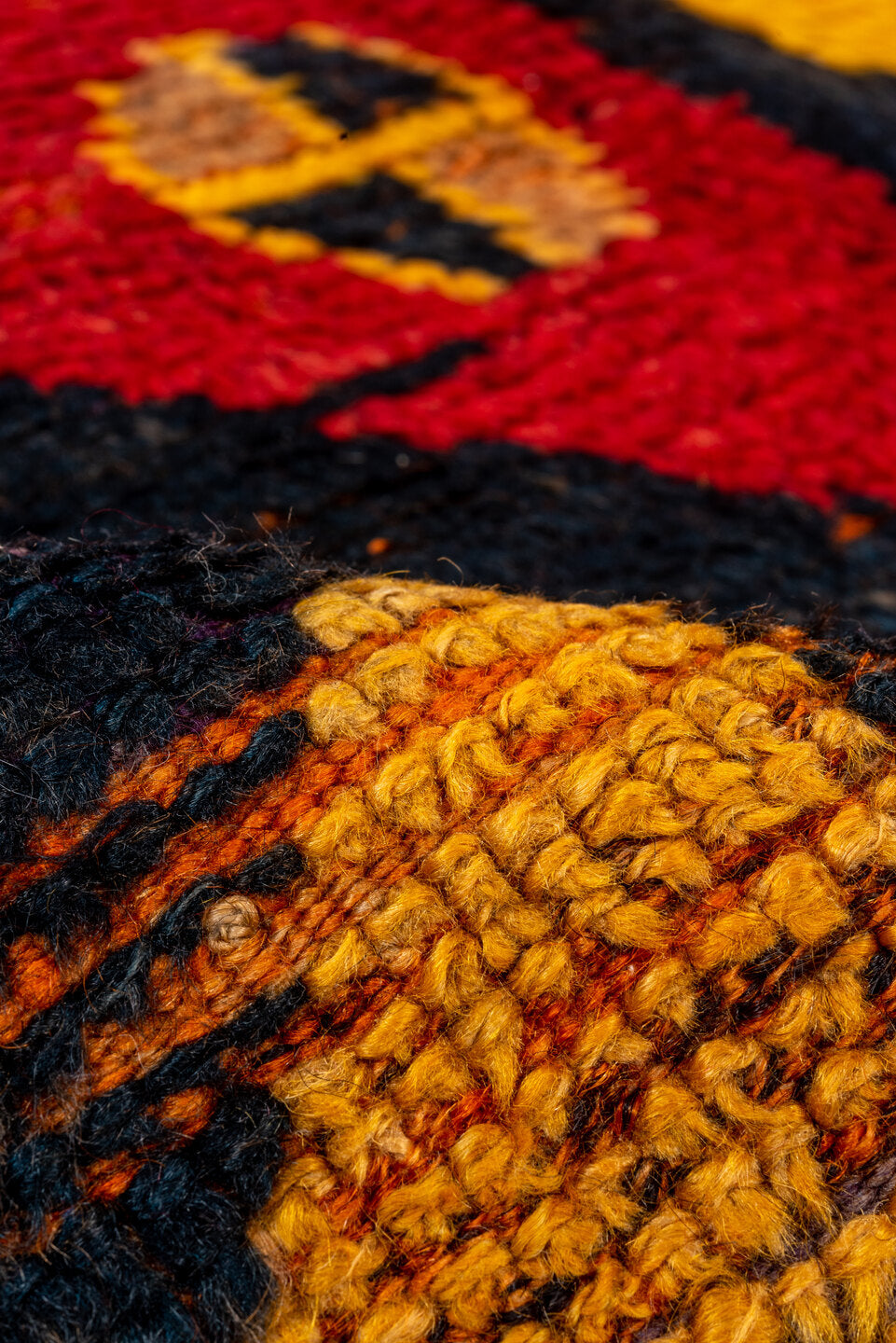 3' x 6' one-of-a-kind handmade vintage Tulu small size rug. Color palette: gold, black, crimson, rust, taupe, plum, red