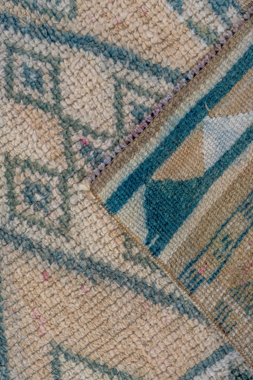 2' x 12' one-of-a-kind handmade vintage Oushak runner rug. Color palette: ivory, sky blue, slate, taupe, light blue, gray