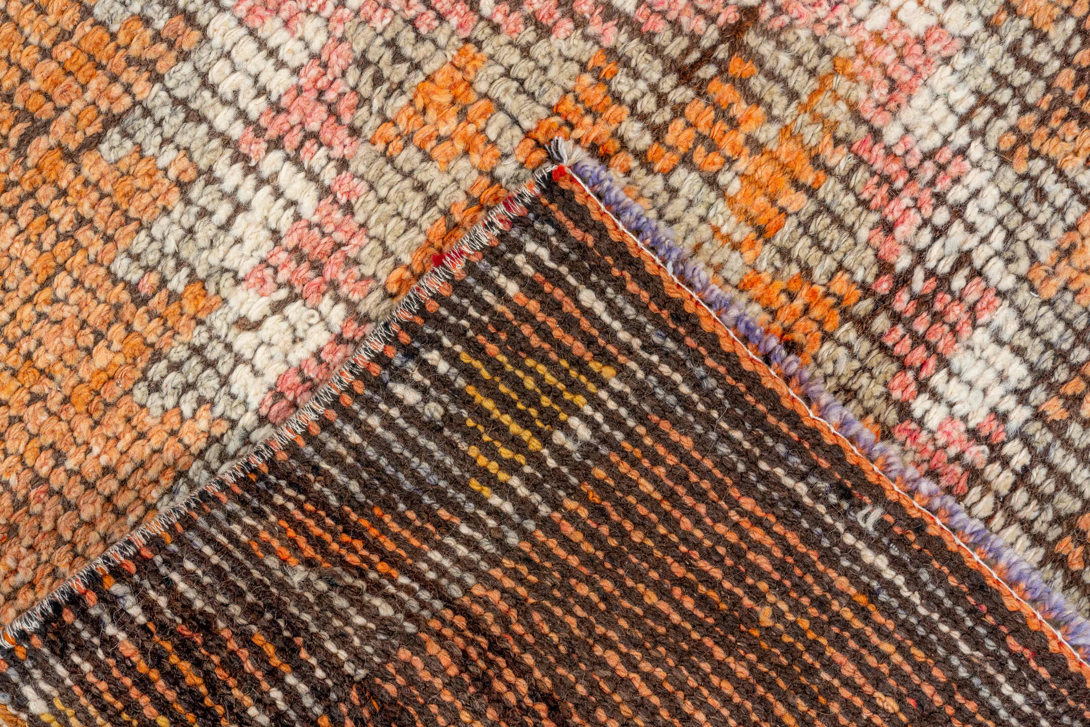 2' x 11' one-of-a-kind handmade vintage Oushak runner rug. Color palette: brown, gray, light gray, off-white, orange, pink