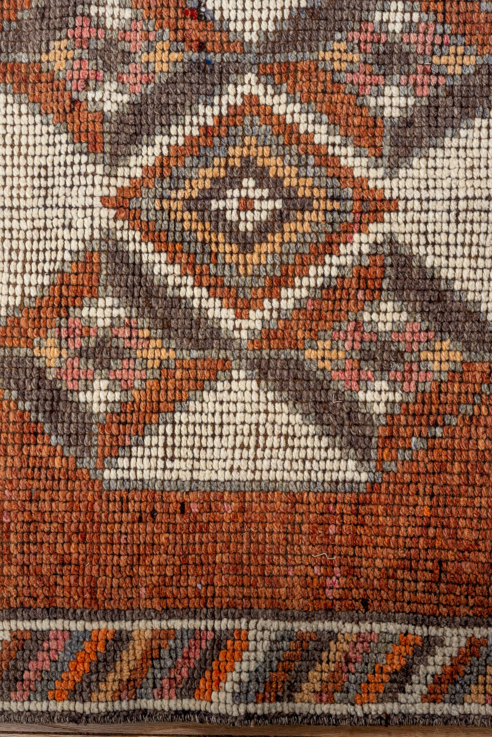 2' x 11' one-of-a-kind handmade vintage Oushak runner rug. Color palette: rust, orange, ivory, gray, charcoal, taupe