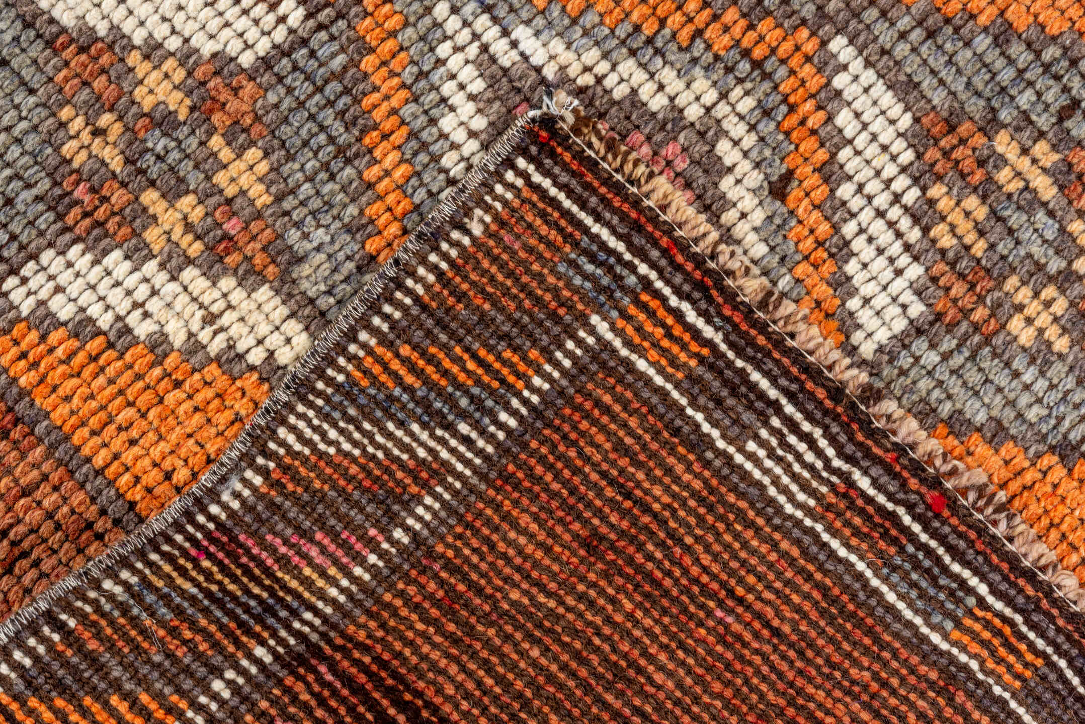 2' x 11' one-of-a-kind handmade vintage Oushak runner rug. Color palette: rust, orange, ivory, gray, charcoal, taupe