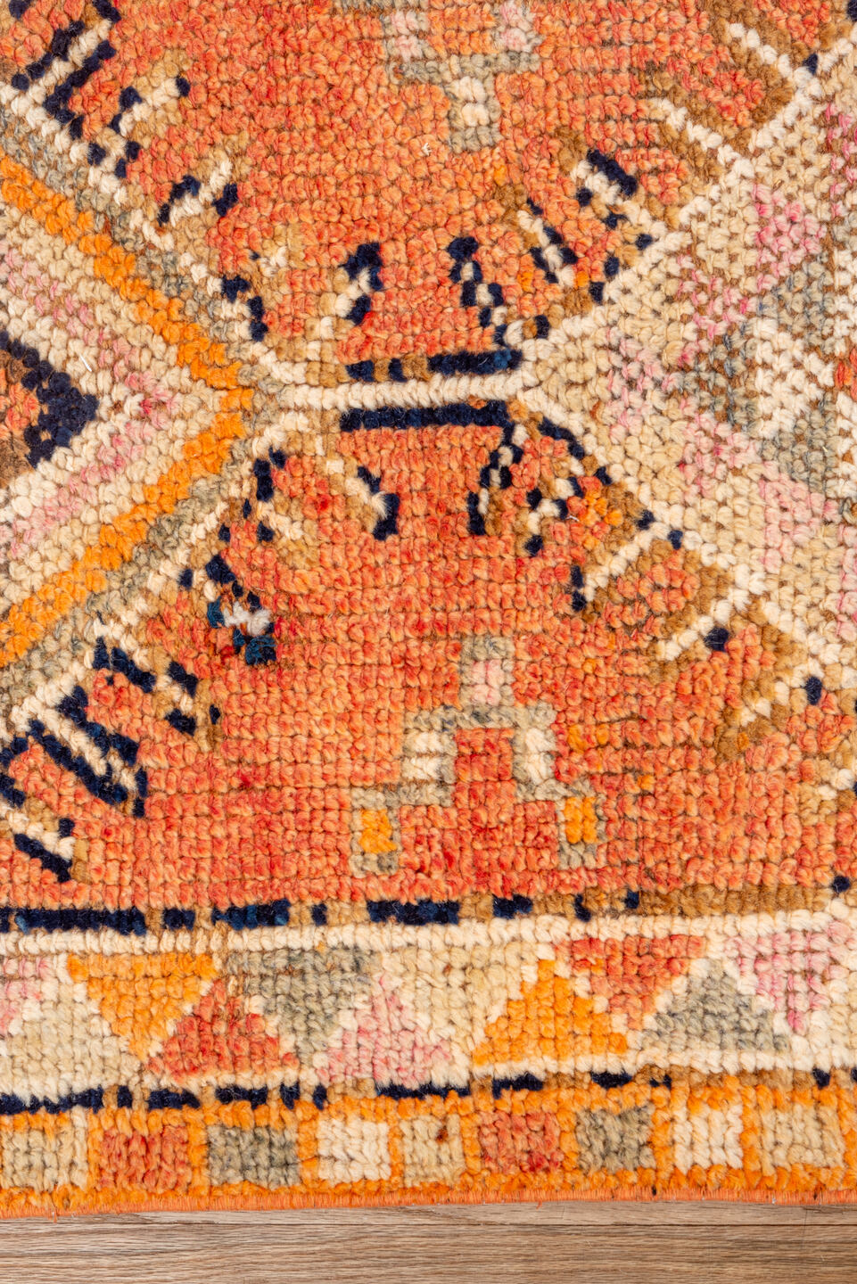 2' x 11' one-of-a-kind handmade vintage Oushak runner rug. Color palette: coral, ivory, orange, navy, taupe, camel, charcoal