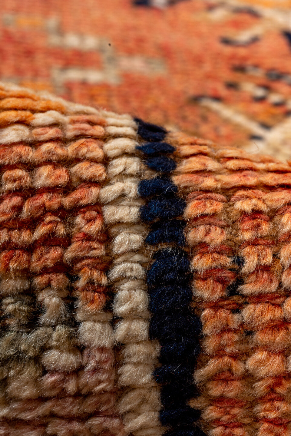 2' x 11' one-of-a-kind handmade vintage Oushak runner rug. Color palette: coral, ivory, orange, navy, taupe, camel, charcoal
