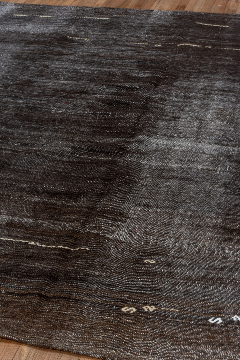 6' x 9' one-of-a-kind handmade vintage Kilim medium size rug. Color palette: charcoal, slate, ivory, taupe, ebony, gray