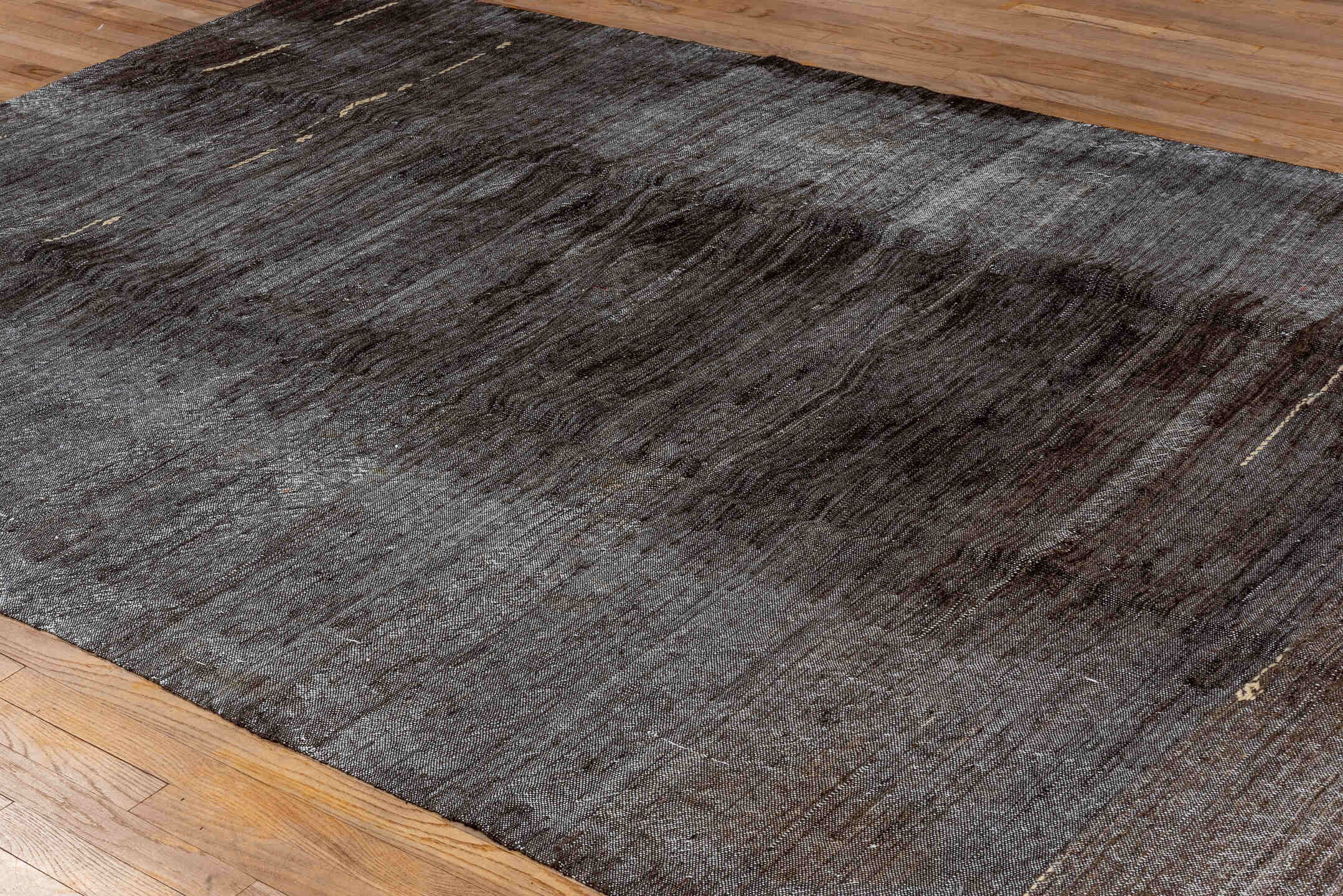 6' x 9' one-of-a-kind handmade vintage Kilim medium size rug. Color palette: charcoal, slate, ivory, taupe, ebony, gray
