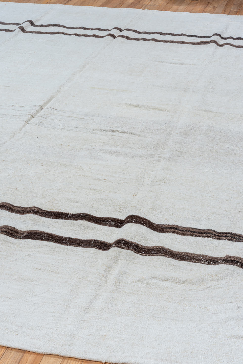 9' x 11' one-of-a-kind handmade vintage Kilim large size rug. Color palette: ivory, brown, taupe, beige, gray