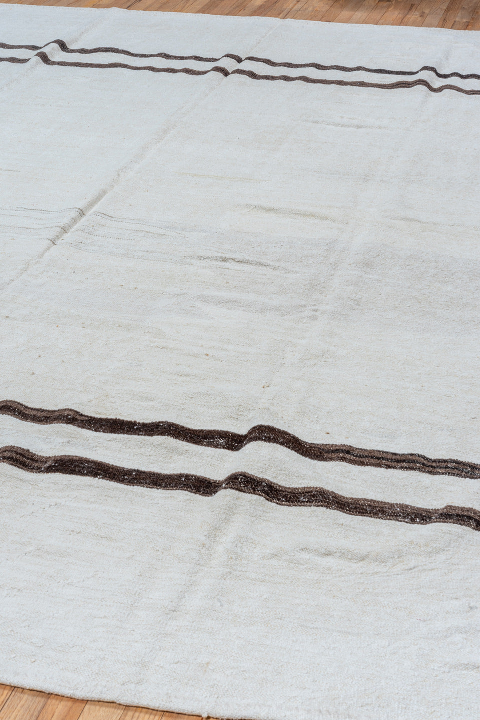 9' x 11' one-of-a-kind handmade vintage Kilim large size rug. Color palette: ivory, brown, taupe, beige, gray