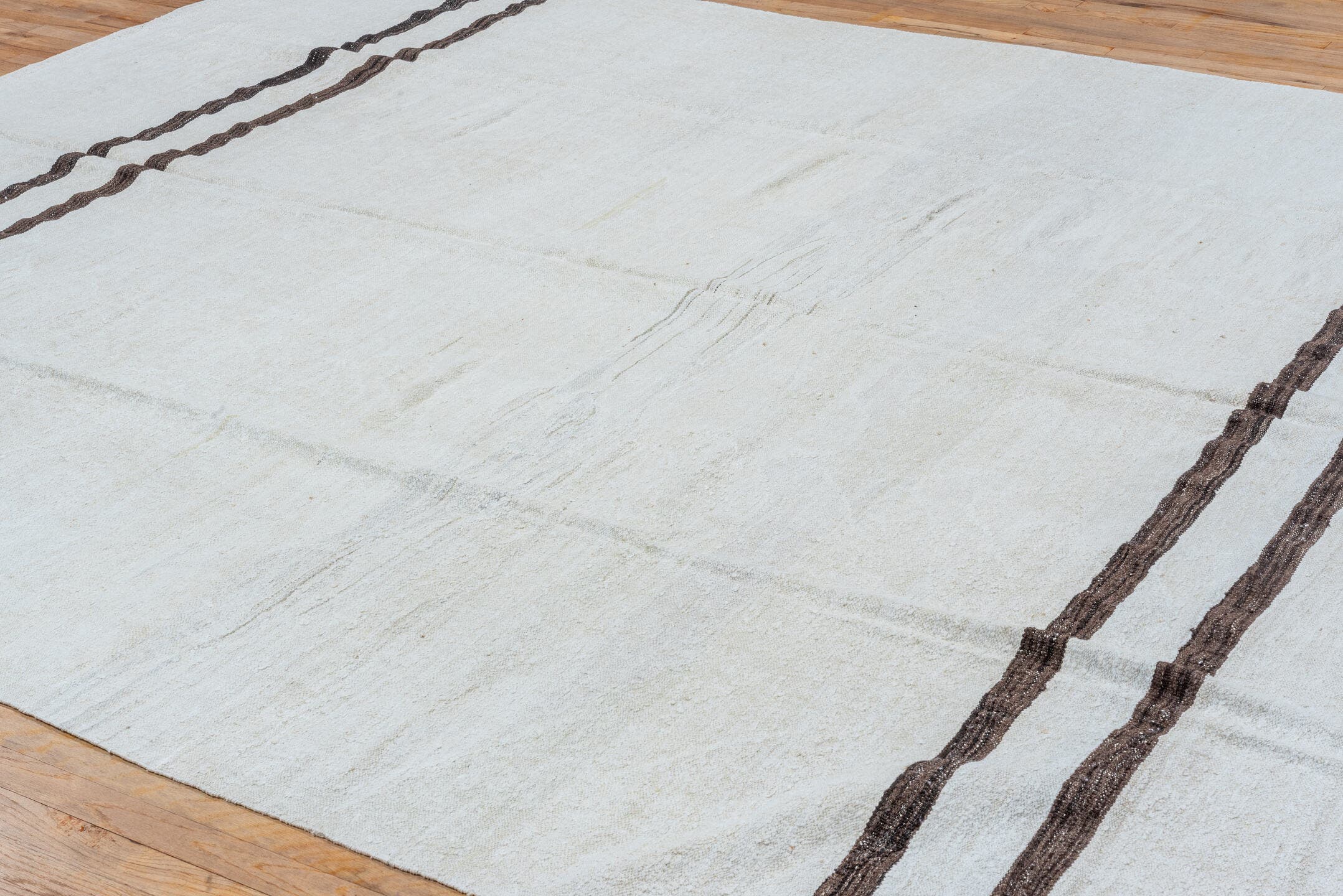 9' x 11' one-of-a-kind handmade vintage Kilim large size rug. Color palette: ivory, brown, taupe, beige, gray
