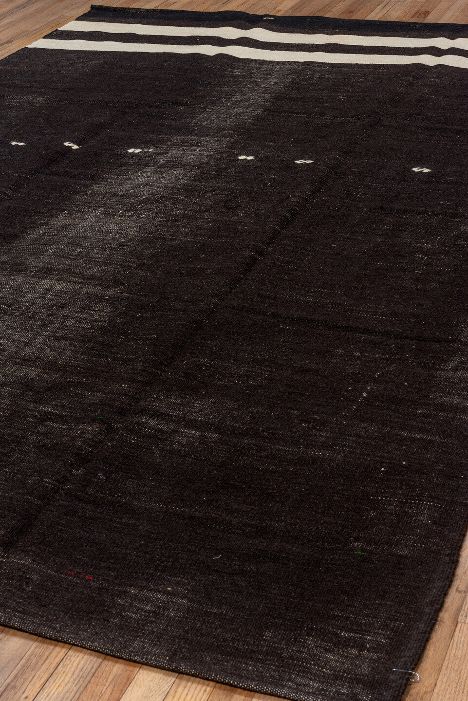 7' x 11' one-of-a-kind handmade vintage Kilim large size rug. Color palette: black, charcoal, dim gray, gray, light gray