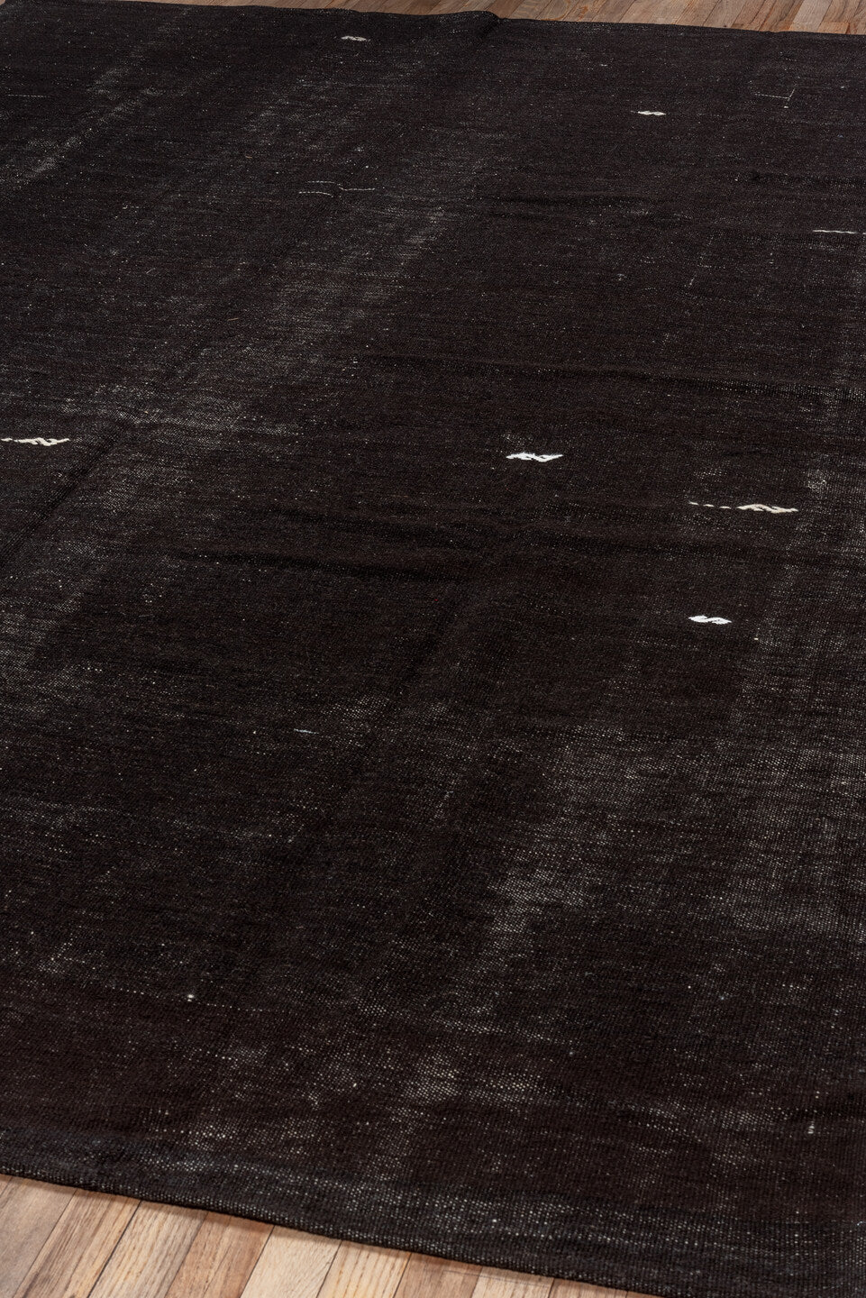 7' x 10' one-of-a-kind handmade vintage Kilim large size rug. Color palette: black, charcoal, dim gray, gray, light gray