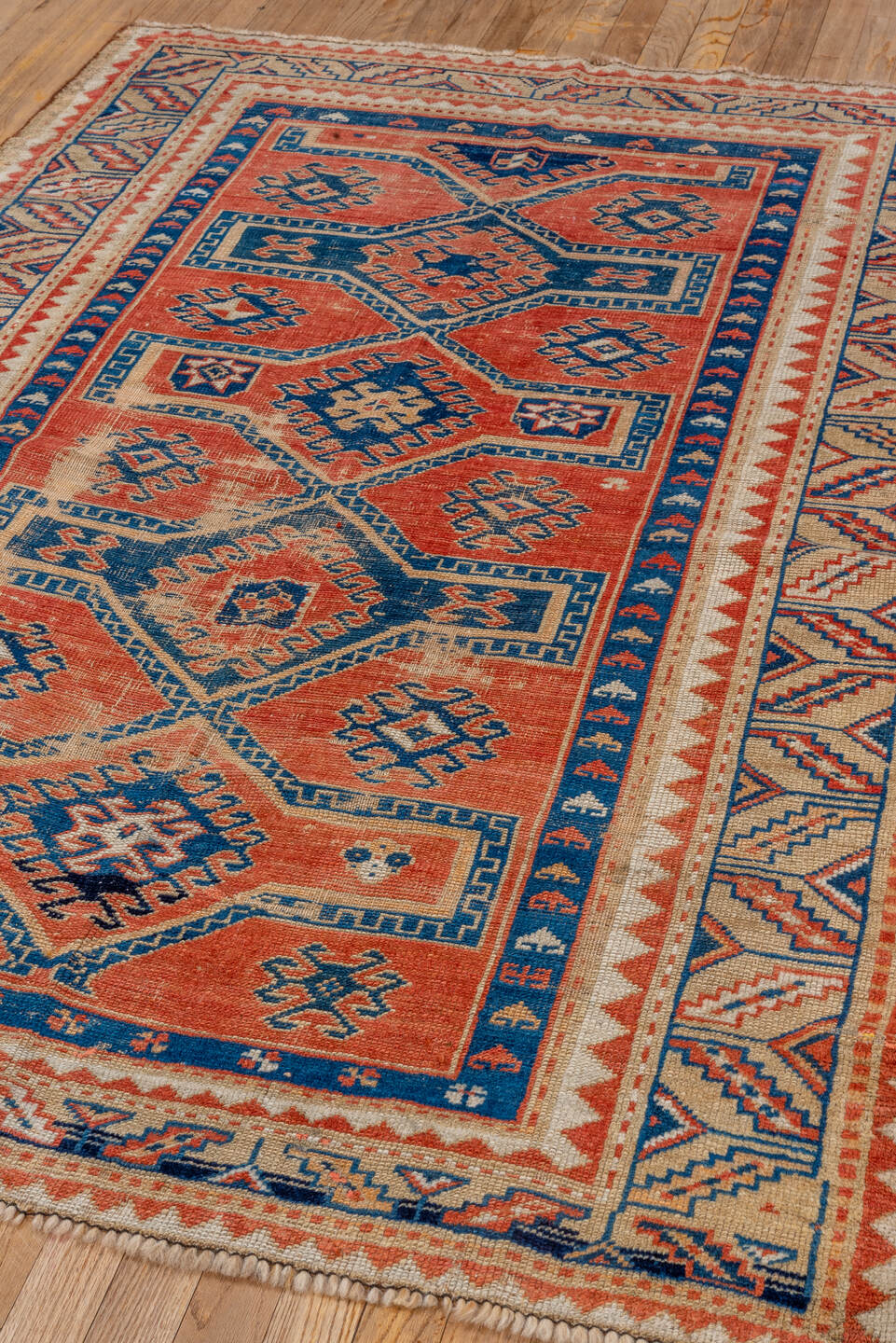 4' x 6' one-of-a-kind handmade vintage Shirvan small size rug. Color palette: blue, brown, fiord, gray, light gray