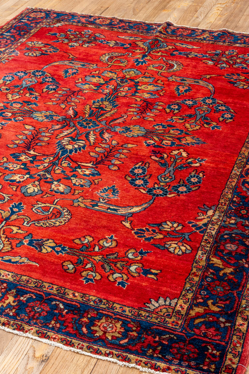 5' x 6' one-of-a-kind handmade vintage Lilian rug. Color palette: red, navy, ivory, sky_blue, rose, camel, blue, light blue