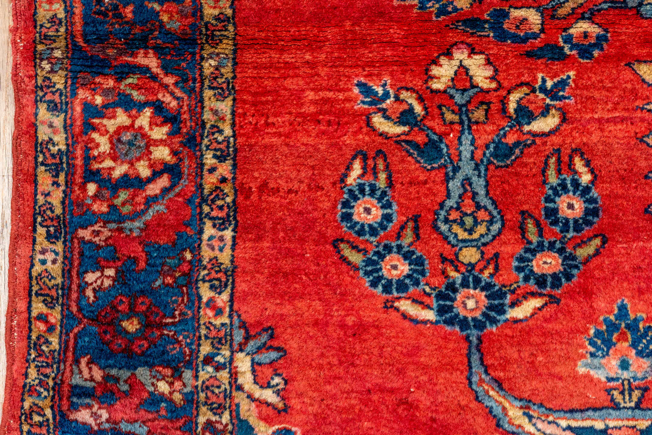 5' x 6' one-of-a-kind handmade vintage Lilian rug. Color palette: red, navy, ivory, sky_blue, rose, camel, blue, light blue