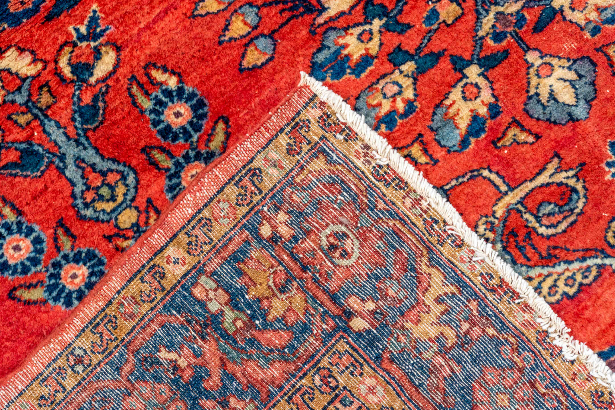 5' x 6' one-of-a-kind handmade vintage Lilian rug. Color palette: red, navy, ivory, sky_blue, rose, camel, blue, light blue