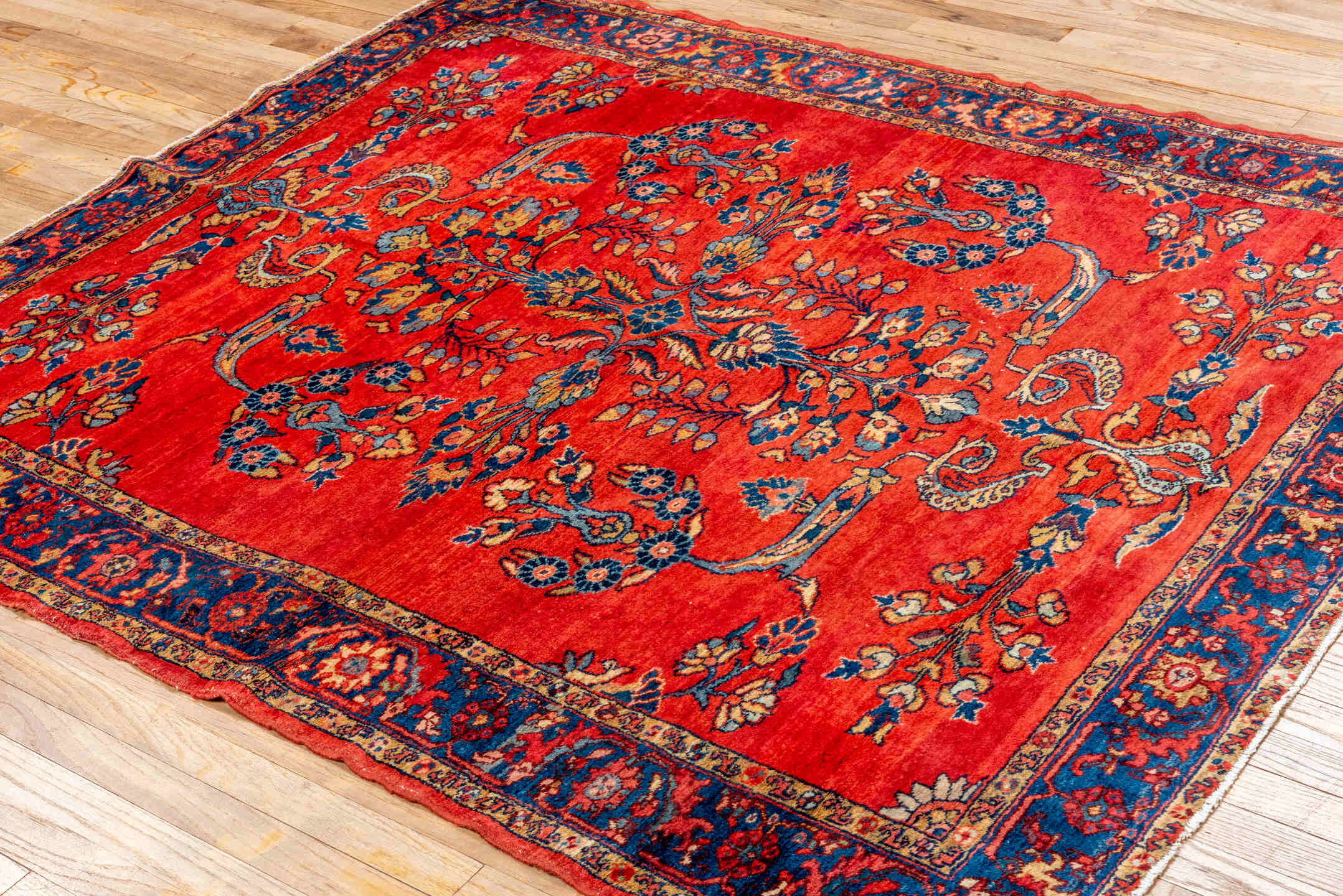 5' x 6' one-of-a-kind handmade vintage Lilian rug. Color palette: red, navy, ivory, sky_blue, rose, camel, blue, light blue