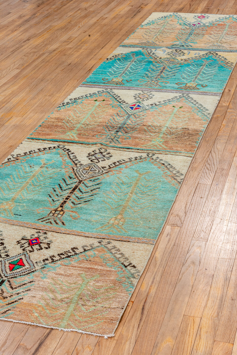 2' x 12' one-of-a-kind handmade vintage Oushak runner rug. Color palette: aqua, ivory, camel, taupe, charcoal, coral